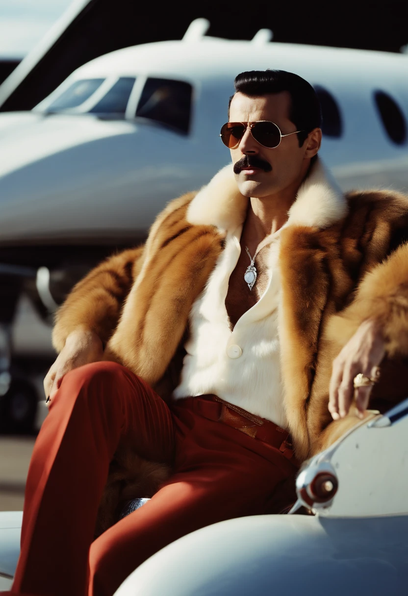 The image is of Freddie Mercury in a luxurious fur coat and sunglasses, striking a glamorous pose in front of a private jet.,original,Freddie Mercury, male