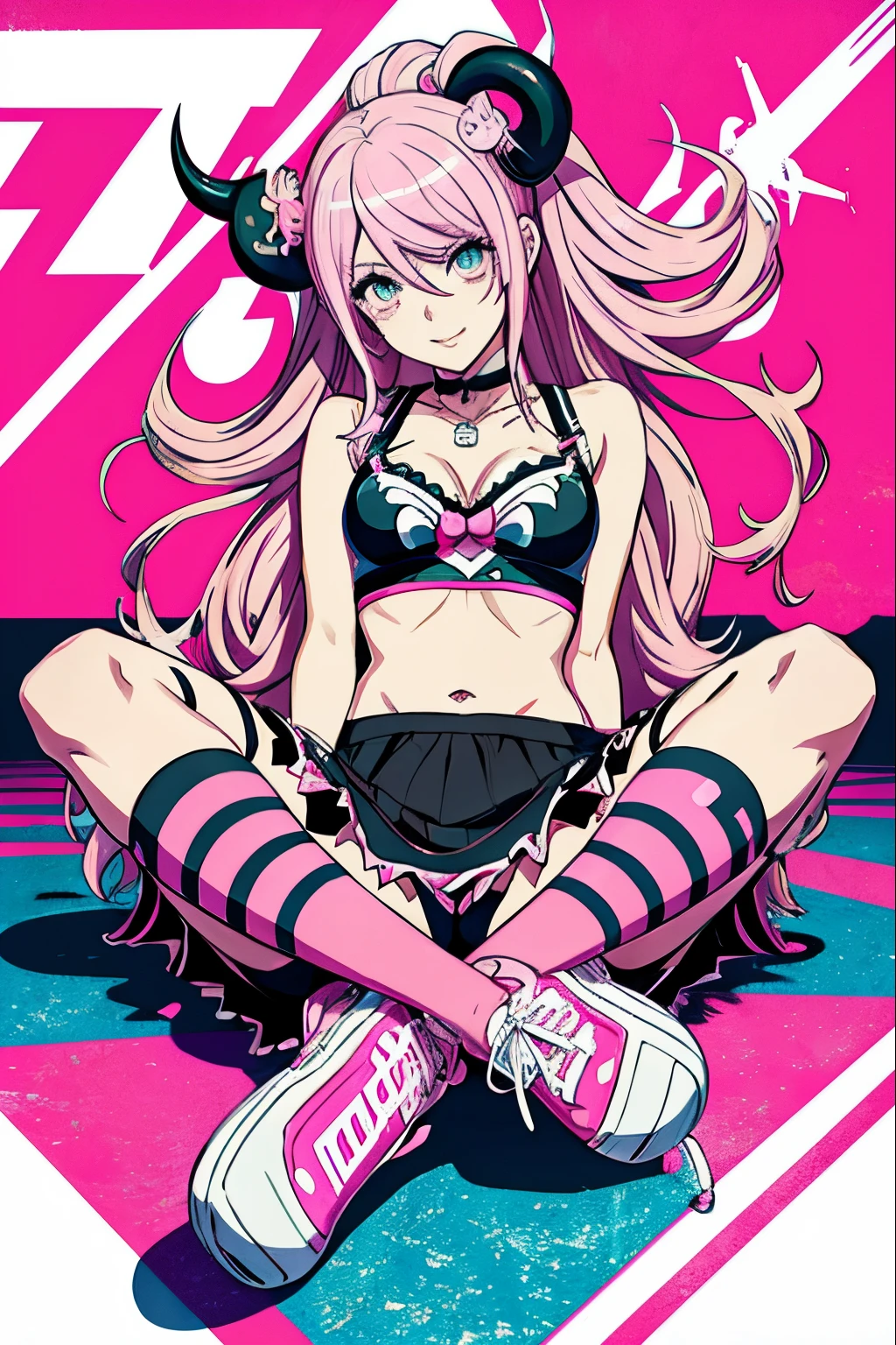 anime girl with pink hair and horns sitting on a skateboard, digital art from danganronpa, junko enoshima from danganronpa, color spread, [[[[grinning evily]]]], demon girl, mika kurai demon, junko enoshima, spider gwen, decora inspired illustrations, anime monster girl, demon anime girl