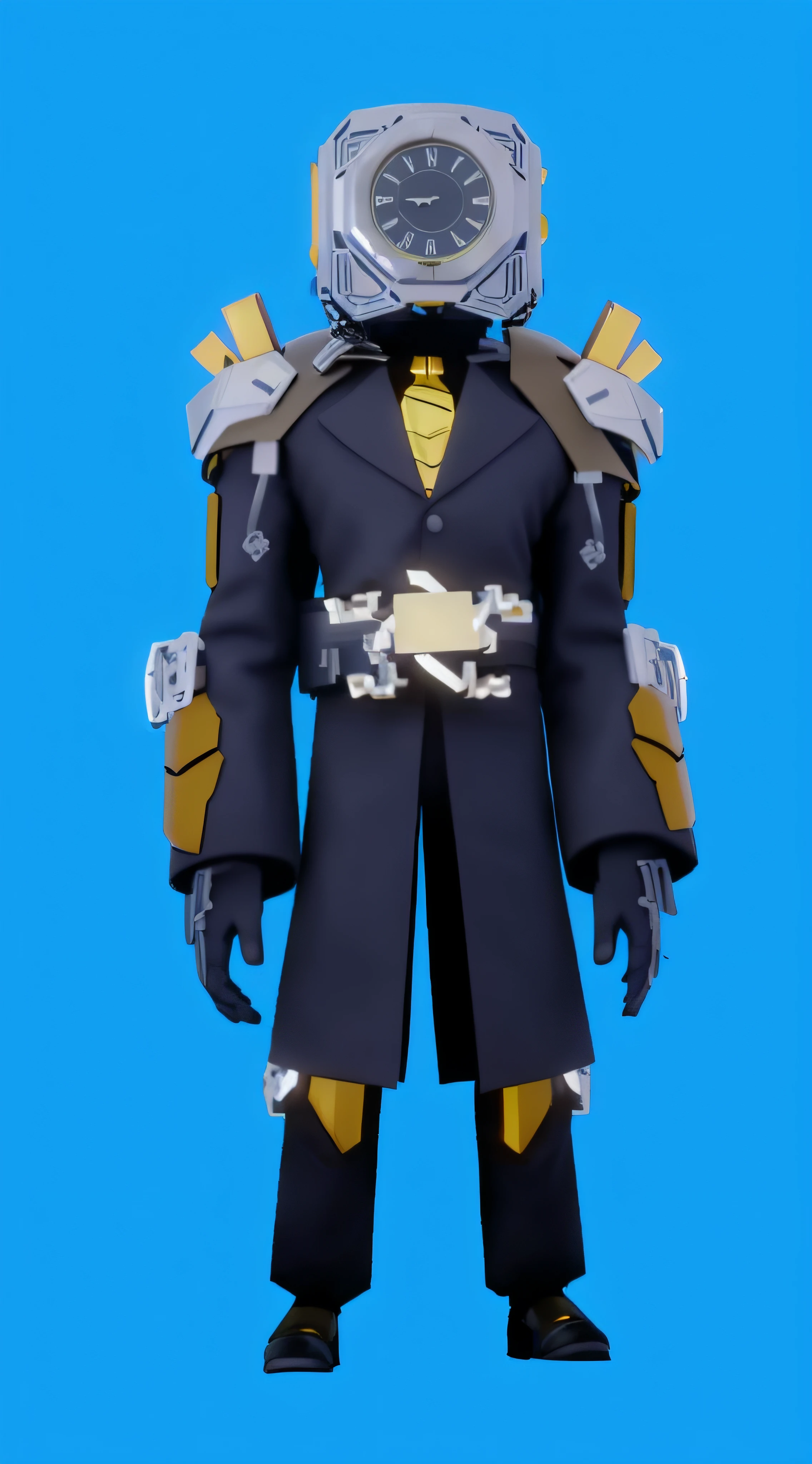 there is a toy that is standing up with a clock on his head, black armor with yellow accents, tane skin, full body with costume, full body picture, heavily stylized, blacksmith's outfit, full body shot hyperdetailed, full body character, full character body, full body concept, full character, full body detailed, full length character, chrome outfit