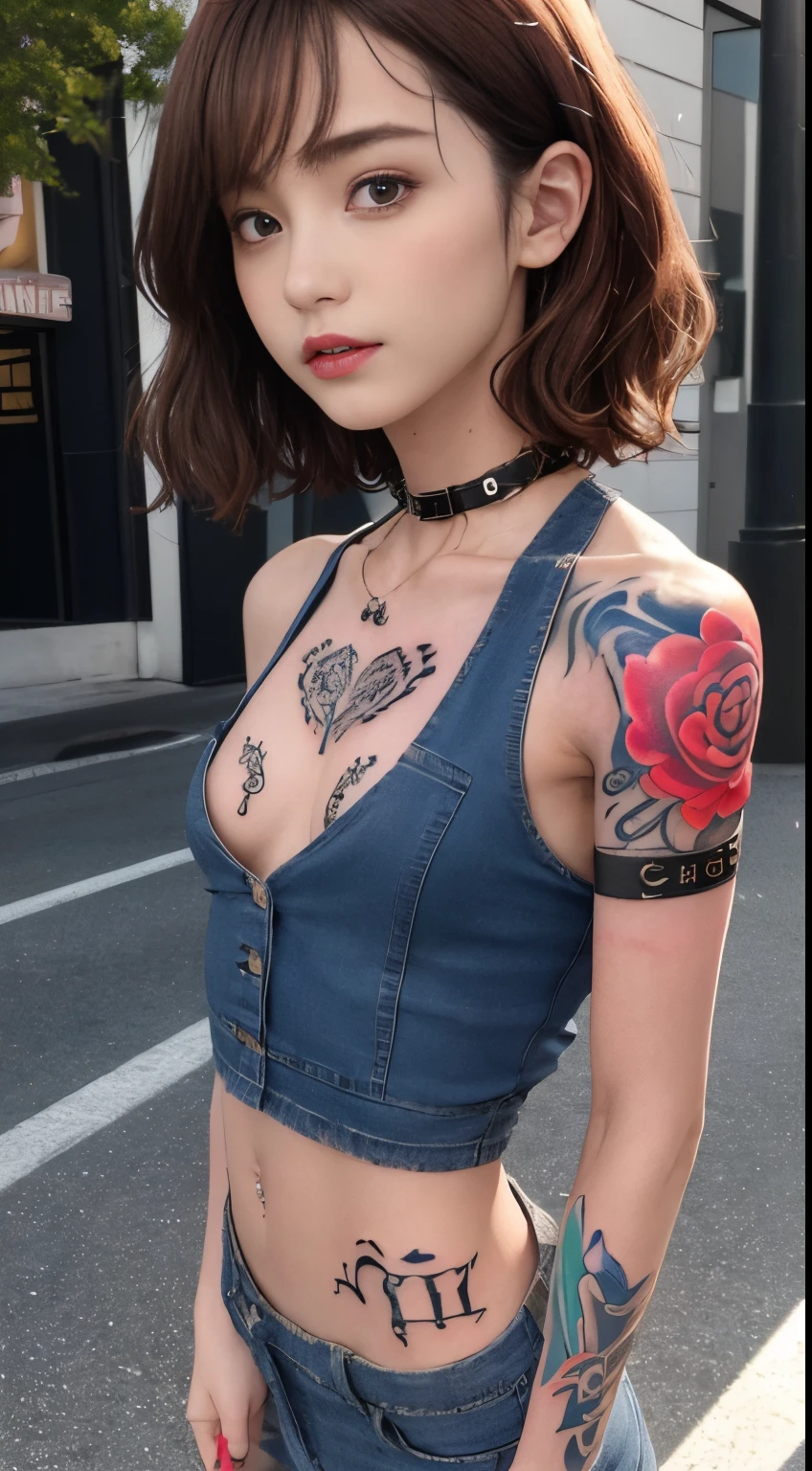 ((medium breast, tomboy girls, small head)),  (chiseled abs : 1.1), (perfect body : 1.1), (short wavy hair : 1.2) , auburn hair, collar, chain, full body shot, crowded street, wearing black tanktop, jeans jacket, (torn clothes:1.3)((shorts)), (extremely detailed CG 8k wallpaper), (an extremely delicate and beautiful), (masterpiece), (best quality:1.0), (ultra highres:1.0),  beautiful lighting ,perfect lightning, realistic shadows, [highres], detailed skin, ultra-detailed (((colorful))),(tattoo all:1.5),