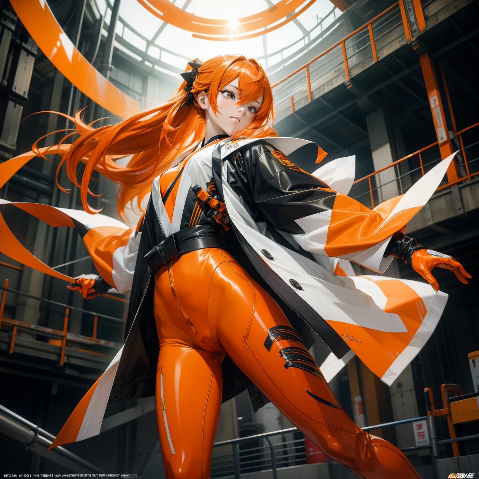 offcial art, Unity 8k壁纸, ultra - detailed, Beautiful and beautiful, tmasterpiece, Best quality, realistically, Whole body diagram, dents on the skin, Interface headset, tights under clothes,Racing Wear,Wear a coat,orange hair clothes,((Kimono white)), white technical clothing, Yellow and black safety tape,japanese tradition,Common,Sakura NS,Wear wooden shoes ,校服,Racing Wear,Wear a coat,Long gray hair,red hair clothes,((Kimono white)), white technical clothing, Yellow and black safety tape, industrial setting, Cables and pipes, ((( orange chrome ))), perfect body figure, Spacious size , Rainbow style, Very sexy,,muscle group,Gel coat,orange colors,fansty world,Clean design,Epic Instagram,artistically