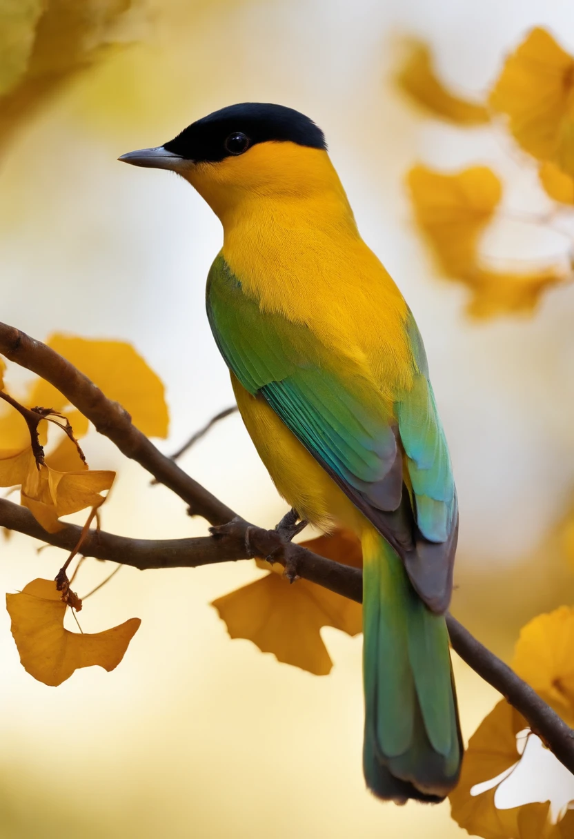 1 bird sitting on Branch, Gingko leafes