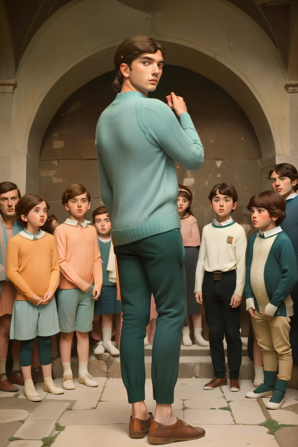 1965, Italy. Pre-raphaelite ((((18-year-old)) Gigi)), rascal young man, giving a speech, in a roman anphitheatre, ruins, back view of a group of kids listening to him, ((((rascal casual Clothing from the 1960s, sweater)))), ((Hairstyle of the 1960s)), ((Wes Anderson cinematic style)), colorful