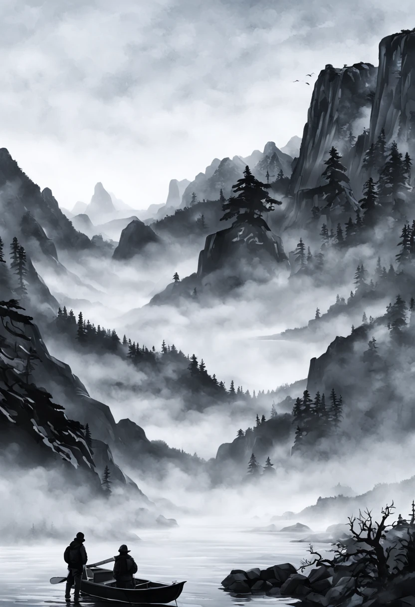 A person fishing on a boat in the river, snowing, (white snow), snowy landscape, (snowy scenery), with mountains in the background, (Chinese painting style), traditional Chinese ink painting, (ink wash painting style), Chinese landscape. (best quality, 4k, highres, masterpiece:1.2), ultra-detailed, (realistic, photo-realistic:1.37), HDR, studio lighting, physically-based rendering, extreme detail description, professional, vivid colors, bokeh.