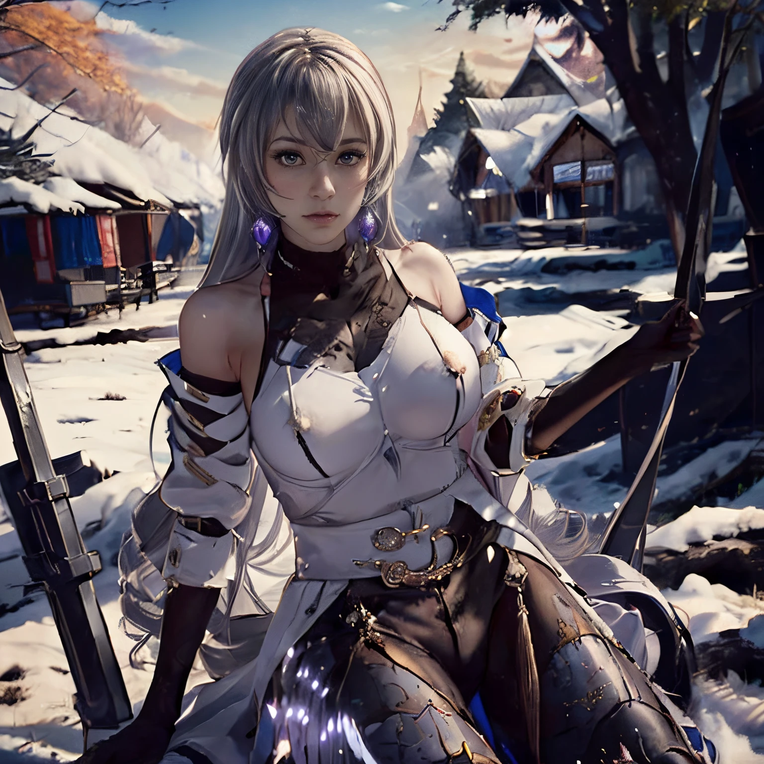 a woman posing for a picture,(best quality,highres,masterpiece:1.2), thepit,(, cosplay ,bronya cosplay costume,), (travel lady), (beautiful detailed eyes, beautiful detailed lips, Insta bimbo,huge breasts, gigantic breasts, blonde hair, medium hair, blue eyes, extremely detailed eyes and face,longeyelashes), sleeping in hammock, (oversized sweater, brown boots, cleavage, oss-sy,), (woods, trees, snow,mounts), (picnic), tents,(adventure)