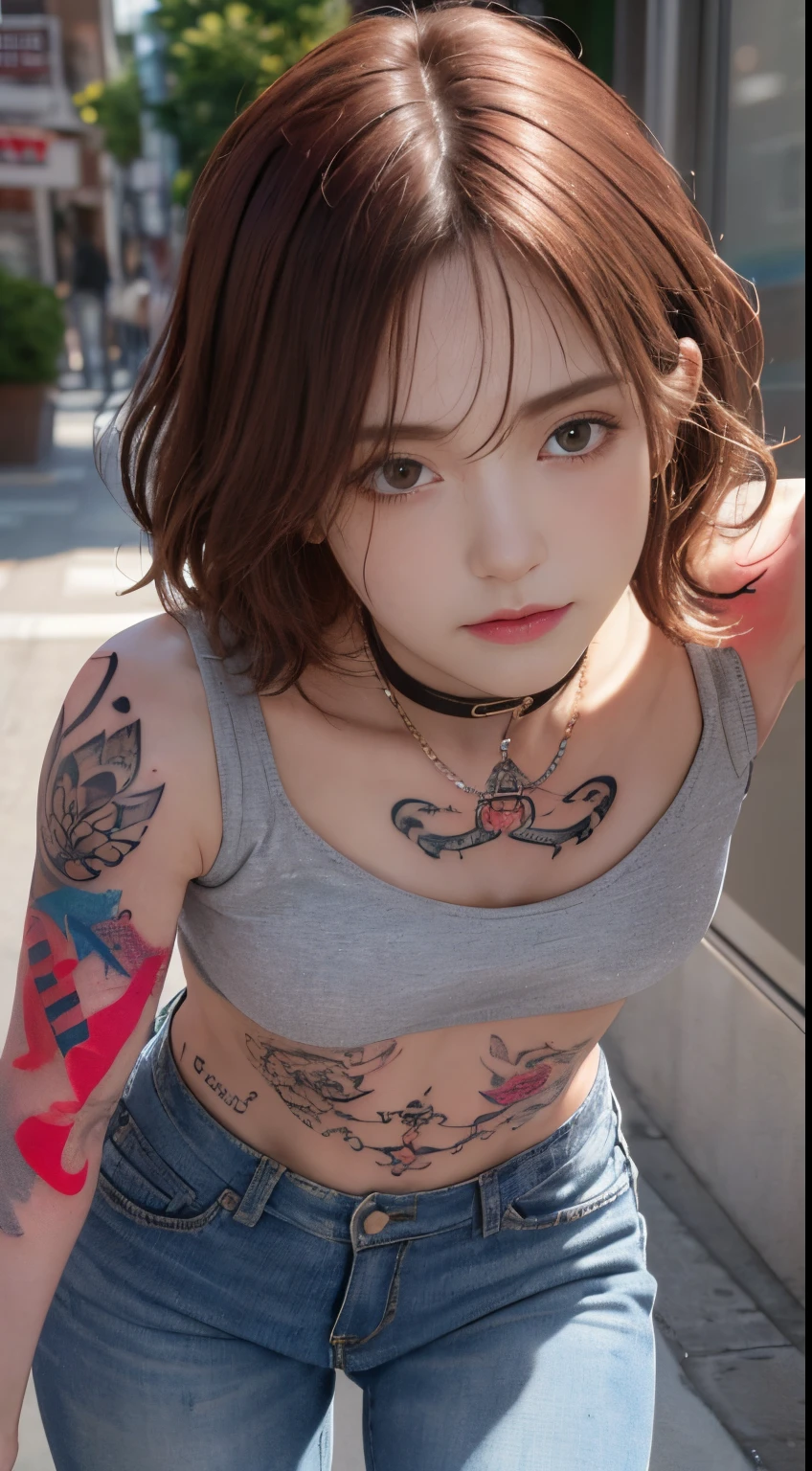 ((medium sized breast, tomboy girl, small head)),  (Belly chisel : 1.1), (perfect body : 1.1), (short wavy hair : 1.2) , reddish brown hair, shirt collar, chain, full body shot, Busy streets, Wear a black tank top., jeans jacket, (Torn clothes:1.3)((shorts)), (วอลล์เปเปอร์ CG 8k ที่very detailed), (Delicate and extremely beautiful), (Masterpiece), (best quality:1.0), (ultra height:1.0),  beautiful light ,perfect lightning, realistic shadows, [height], Fine skin, very detailed (((colorful))),(All tattoos:1.5),