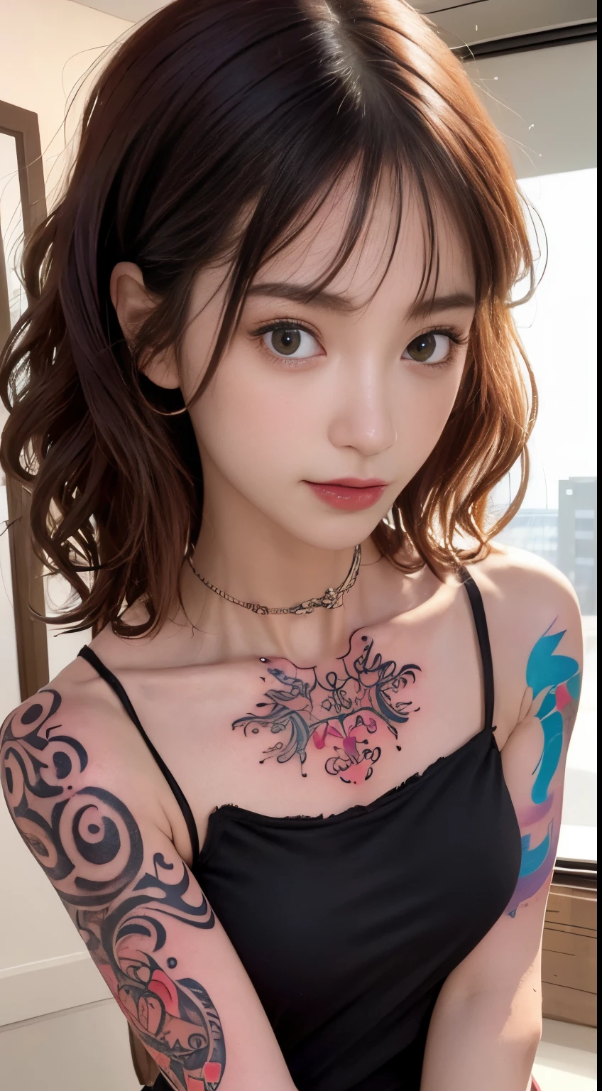 (highest quality、8K、32k、masterpiece)、(realistic)、(Photoreal:1.2)、(High resolution)、Super detailed、very beautiful face and eyes、1 girl、round and small face、thin waist、delicate body、(close、highest quality、high detail、Rich skin details)、(highest quality、8K、oil paint:1.2)、Super detailed、(realistic、realistic:1.37)、bright colors、(((brown hair)))、(((bust shot)))、(((side ponytail)))、(((pure white wall background)))、(((pure white wall background)))、(((Wearing a tank top with kanji written on it)))、(((look straight ahead)))、(((brown hair)))、(((smile)))、(((sweaty skin)))、(((teeth visible)))、(((The white and red tank top looks great on you)))、(((wearing a star necklace)))、((Tank top with kanji written on it))、(((((I'm touching my cheek with my right hand)))))、((I have a feather tattoo on my chest.))