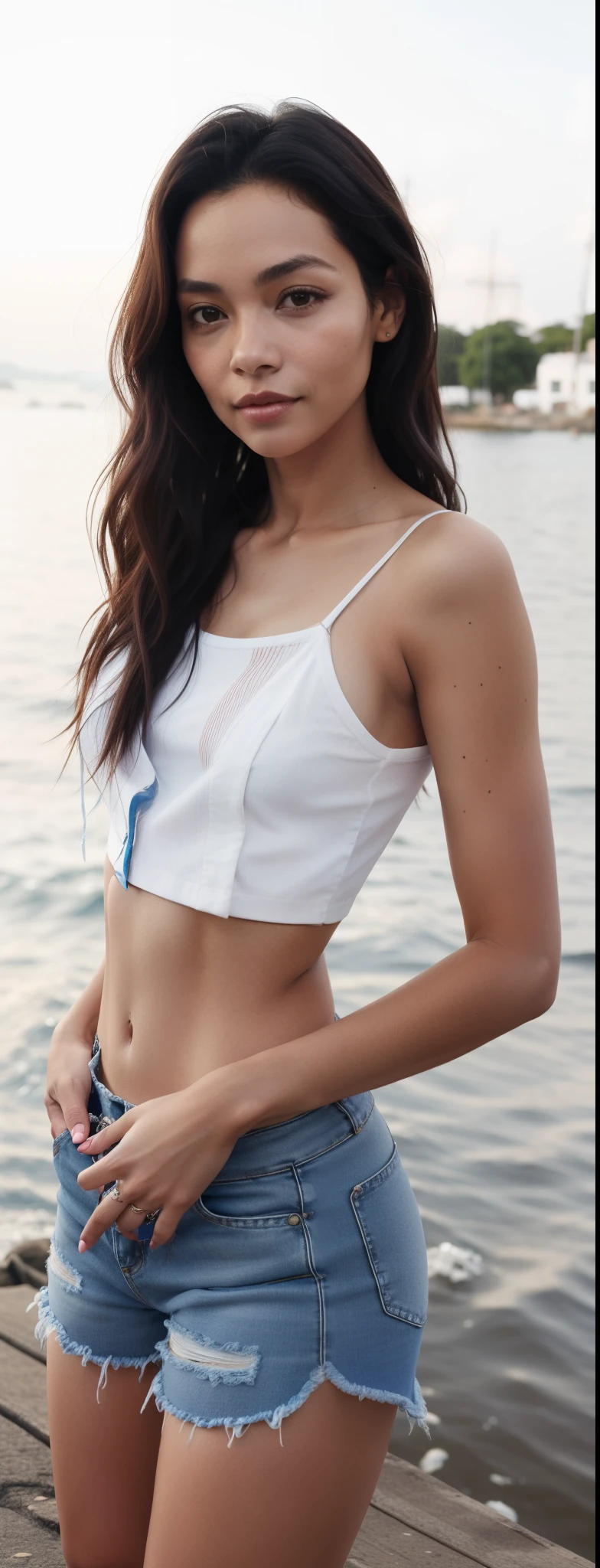 Arafa woman in white blouse and denim shorts posing near the water, foto de modelo de menina slim, peito achatado, corpo atraente, foto de menina magra, usando regata, cintura fina, usando crop top, cintura fina, corpo completo extremamente magro, usando camiseta regata, usando uma camiseta regata, cintura fina, modelo com corpo atraente, usando um top cropped sexy