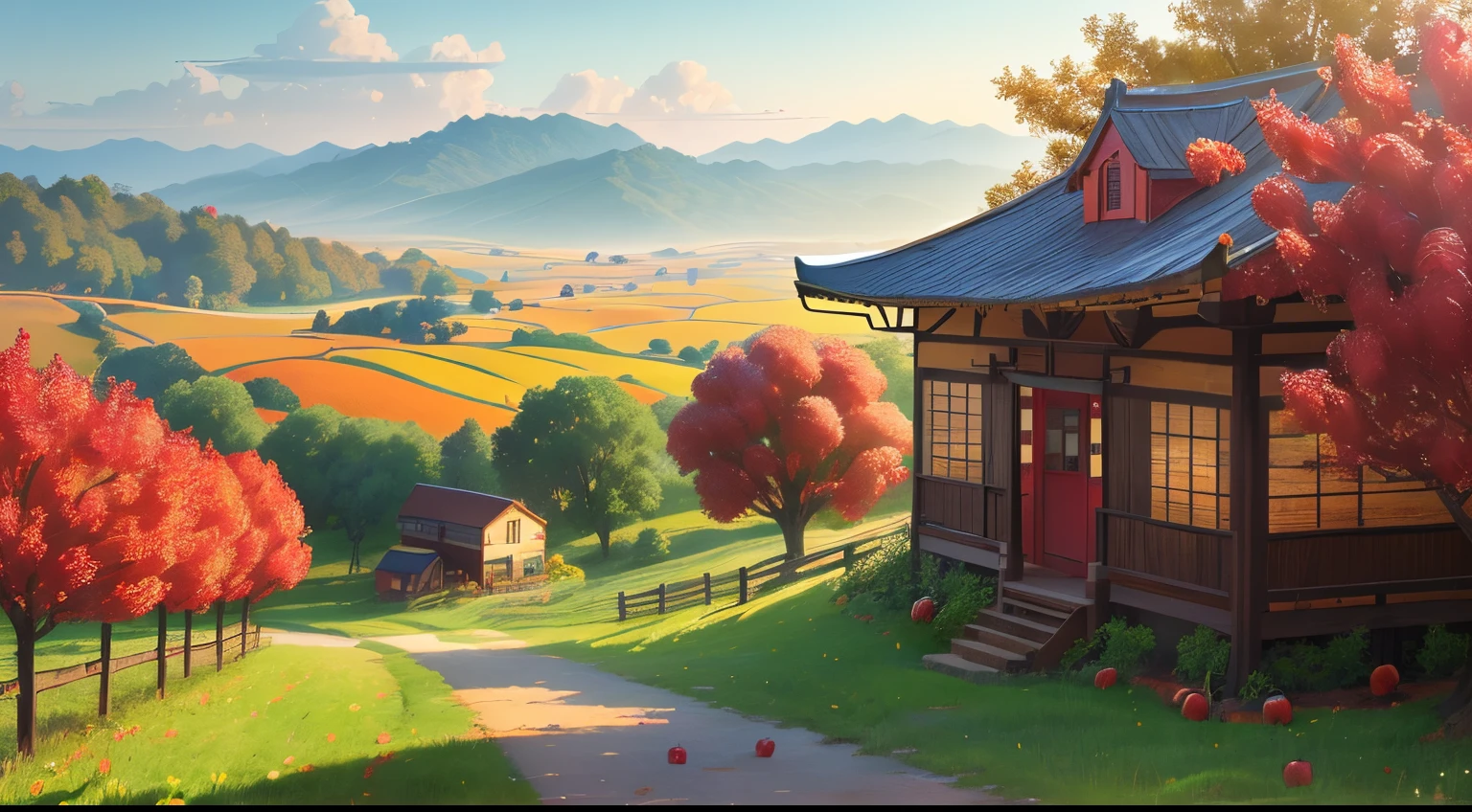 The scene of the picture is set in a peaceful countryside in Shanxi,It’s the golden autumn season,Nature is covered with a golden coat。The Rural Arts Center is nestled among these golden fields,Unique architectural style,Incorporating a large number of natural elements and artistic sense。
In the square in front of the Art Center,There are some sculptures and artworks created by local artists.,Everything is full of the atmosphere of rural life。There is an exhibition area inside the center、Creative studios and classrooms, etc.,For local residents and tourists to enjoy、Learn and experience rural art。
Walk through the Arts Center,Arrive at an apple farm surrounded by fences。The farm is full of apple trees,The tree is covered with red apples,Like a string of red lanterns。The breeze blows through,Apple shakes gently,As if waving to visiting guests。
There is a wooden house in the center of the farm,There is an open lawn in front of the house,There are some wooden tables and chairs on the lawn,For tourists to taste freshly picked apples and rest。Behind the house is a dense forest,A great contrast to the front lawn and apple orchard。
Sunset,The golden afterglow shines on this rural land,The whole scene seemed to be shrouded in a golden halo。art Center、Apple Farm、Golden fields and dense woods together form a beautiful rural picture,Full of natural art and rural atmosphere。