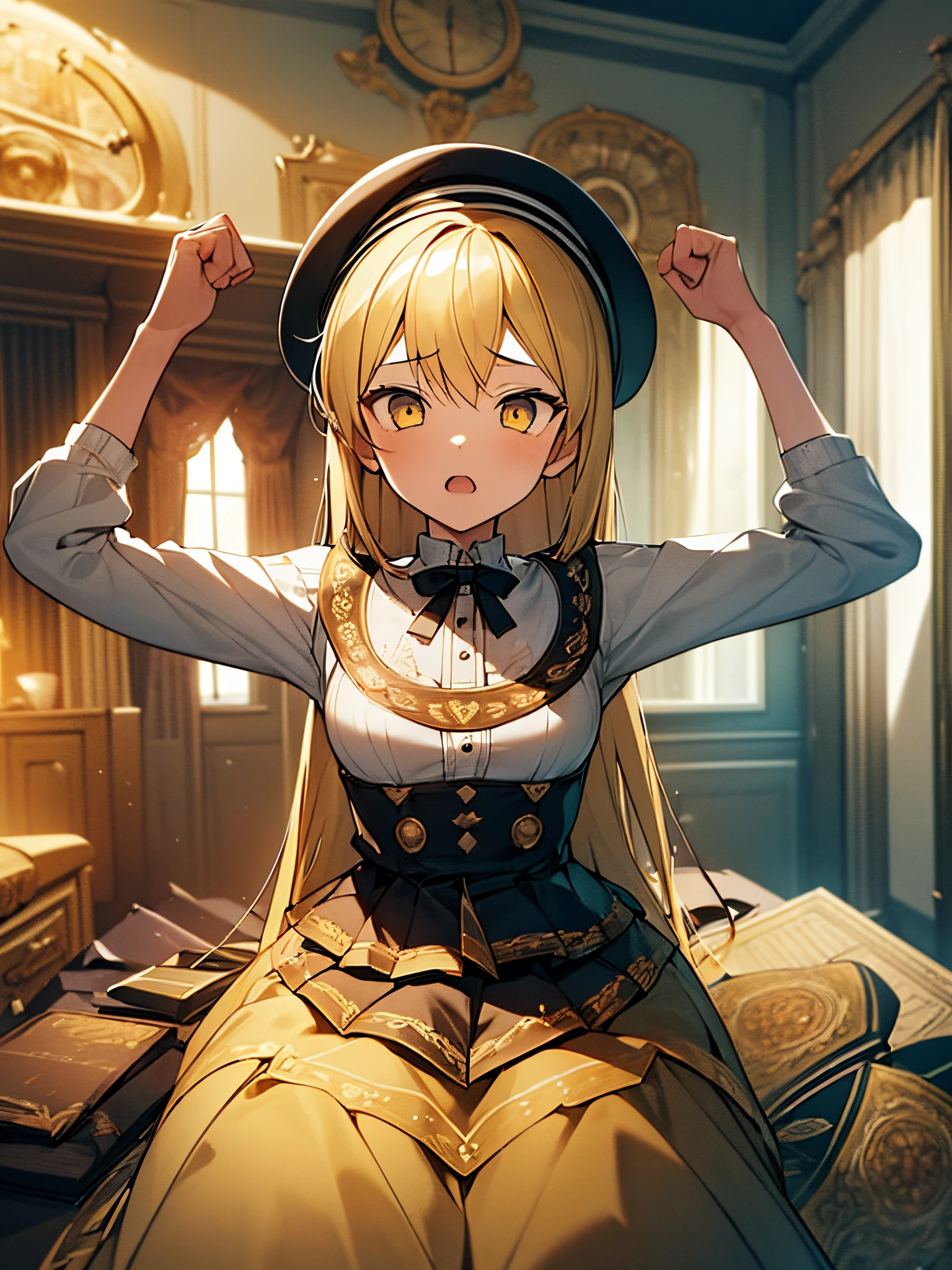 1girl. yellow hair.long hair.short stature. small breast.skirt. (((masterpiece))).(((best quality))).)((ultra-detailed))).(((illustration))).(((a room))).student clothes.magic circles.open mouth.Sad face.beret.up chest.Sit up.Bend your elbows.Clench your fists.