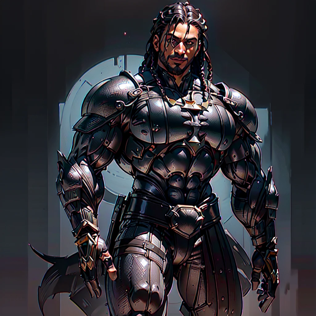 (diegodoa , male), dynamic pose, ((close-up)), ((Black matte armor, )), (masterpiece, best quality), dslr,, ((Viking Locs)), black hair), brown Eyes, High resolution, Ultra-pointu, 16k, Masterpiece, three sided view, smile