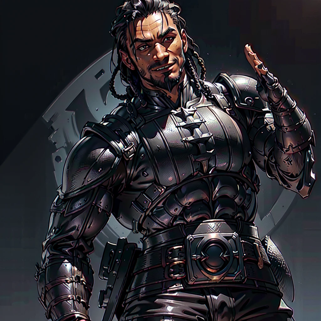 (diegodoa , male), dynamic pose, ((close-up)), ((Black matte armor, )), (masterpiece, best quality), dslr,, ((Viking Locs)), black hair), brown Eyes, High resolution, Ultra-pointu, 16k, Masterpiece, three sided view, smile