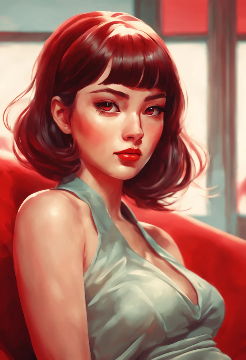 Close up portrait of woman sitting on red sofa, retro anime girl, artgerm and ilya kuvshinov, digital art ilya kuvshinov, ilya kuvshinov and artgerm, Art styles : Ilya Kuvshinov, comic pinup style, cartoon artstyle, girl pinup, satoshi kon artstyle, beautiful alluring anime