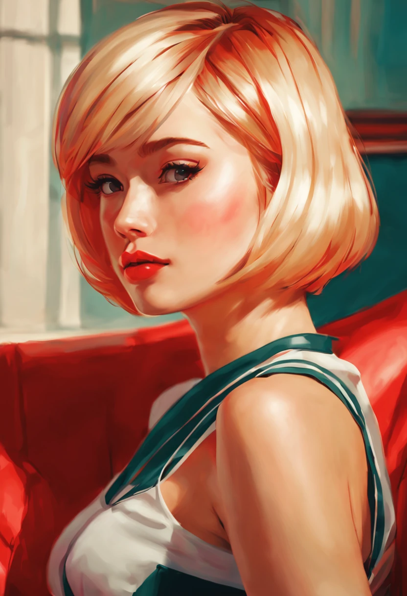 Close up portrait of woman sitting on red sofa, retro anime girl, artgerm and ilya kuvshinov, digital art ilya kuvshinov, ilya kuvshinov and artgerm, Art styles : Ilya Kuvshinov, comic pinup style, cartoon artstyle, girl pinup, satoshi kon artstyle, beautiful alluring anime teen