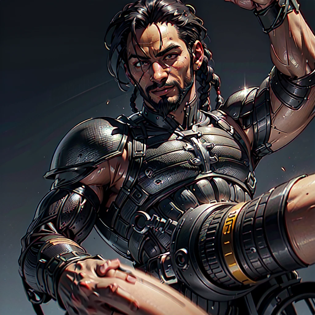 (((Homem))), (((melhor qualidade))), (((obra prima))), (((adulto))), (((1 homem))), ((( corte de cabelo militar ))), Um gladiador cyberpunk Homem de 35 anos com corpo perfeito, shoulder pads with metal spines, Gladiadores do Brooklyn, (( corte de cabelo moicano )), Correntes,  camiseta de time de rugby rasgada, quase nu no estilo selvagem urbano de Simon Bisley para a capa da revista Heavy Metal, Cabelo castanho curto, Minimum clothing, Metal protection on the left arm with intricate graphics, dark orange with white stars and white and purple checkerboard pattern, armadura, cheio de pontas e rebites, (((do joelho pra cima))), cabelos castanhos curto, no fundo uma parede pintada por Shepard Fairey com um design intrincado