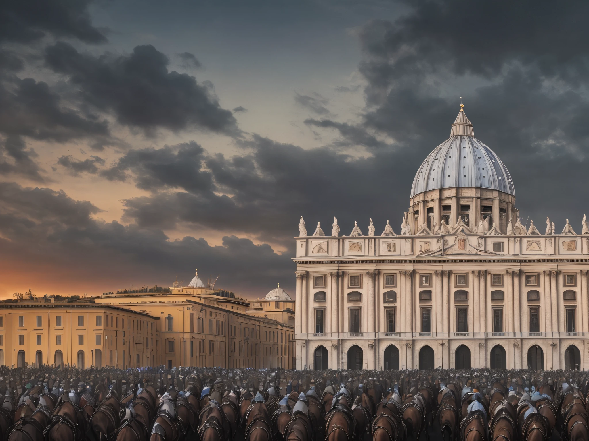 (masterpiece), (best quality), extremely precise and beautiful, realistic, (realistic landscape), A fascinating fantasy landscape with a perfect blend of fascinating elements. (year 1389, majestic view of the Vatican Palace, dark atmosphere) provides a distant view that captures the grandeur and atmosphere. (The Crusader army with three thousand horsemen and one hundred thousand soldiers stands in front of the Vatican palace in its glory) ,8K post production, high resolution, hyper detailed, depth of field, HDR, complex, cinematic light, cinematic style --auto --s2