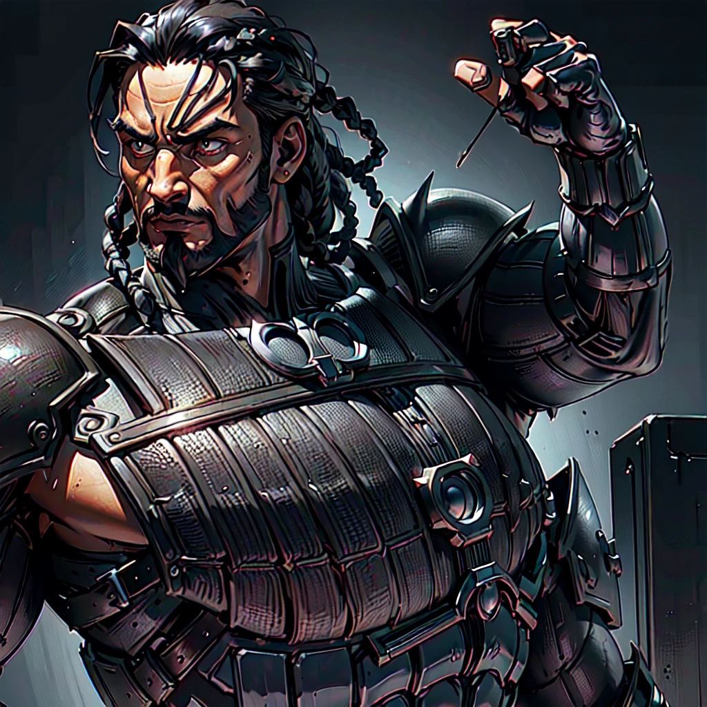 (diegodoa , male), dynamic pose, ((close-up)), ((Black matte armor, )), (masterpiece, best quality), dslr,, ((Viking Locs)), black hair), brown Eyes, High resolution, Ultra-pointu, 16k, Masterpiece, three sided view, angry