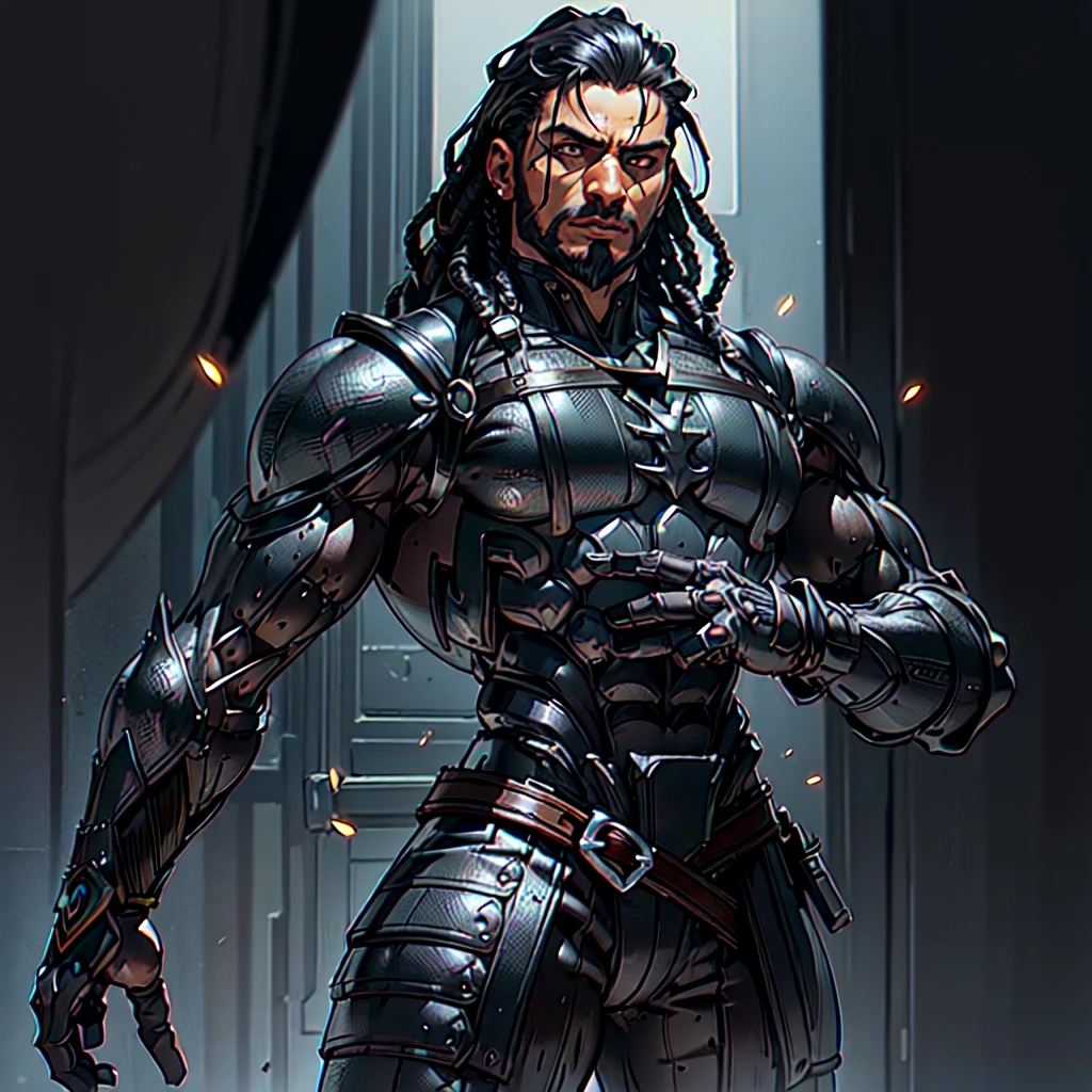 (diegodoa , male), dynamic pose, ((close-up)), ((Black matte armor, )), (masterpiece, best quality), dslr,, ((Viking Locs)), black hair), brown Eyes, High resolution, Ultra-pointu, 16k, Masterpiece, three sided view, sad