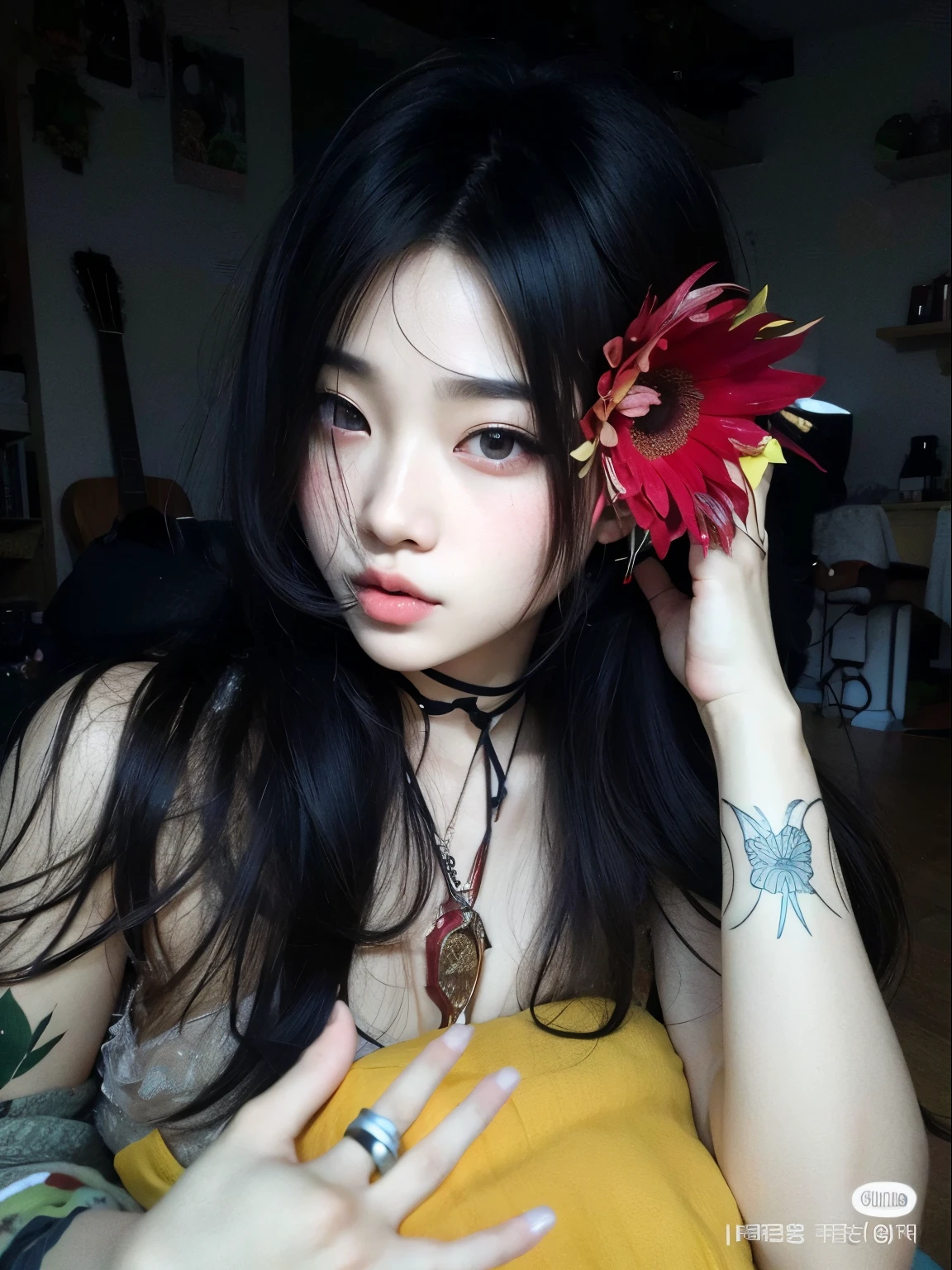 mulher com uma flor no cabelo posando para uma foto, cruel korean goth girl, her face looks like an orchid, Ulzzang, Sui Ishida com cabelo preto, menina coreana, Jinyoung Canela, de menina taiwanesa com tatuagens, Menina anime na vida real, flores em seus cabelos escuros, Asian girl, Beautiful Asian girl, com cabelos longos e olhos penetrantes