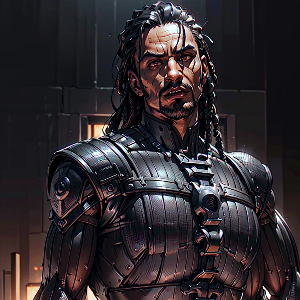 (diegodoa , male), dynamic pose, ((close-up)), ((Black matte armor, )), (masterpiece, best quality), dslr,, ((Viking Locs)), black hair), brown Eyes, High resolution, Ultra-pointu, 16k, Masterpiece, three sided view, open mouth