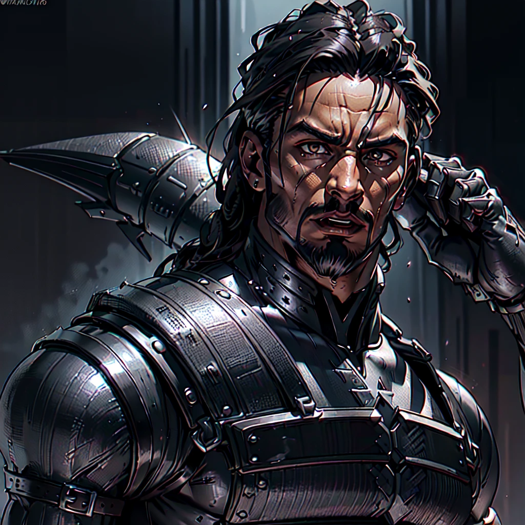 (diegodoa , male), dynamic pose, ((close-up)), ((Black matte armor, )), (masterpiece, best quality), dslr,, ((Viking Locs)), black hair), brown Eyes, High resolution, Ultra-pointu, 16k, Masterpiece, three sided view, open mouth