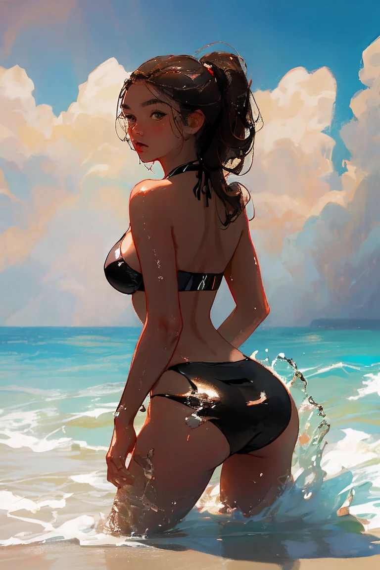 Prominent buttocks .See background sharp details.soaked with liquid.Brown hair.Black eyes.Bikini.Beach background