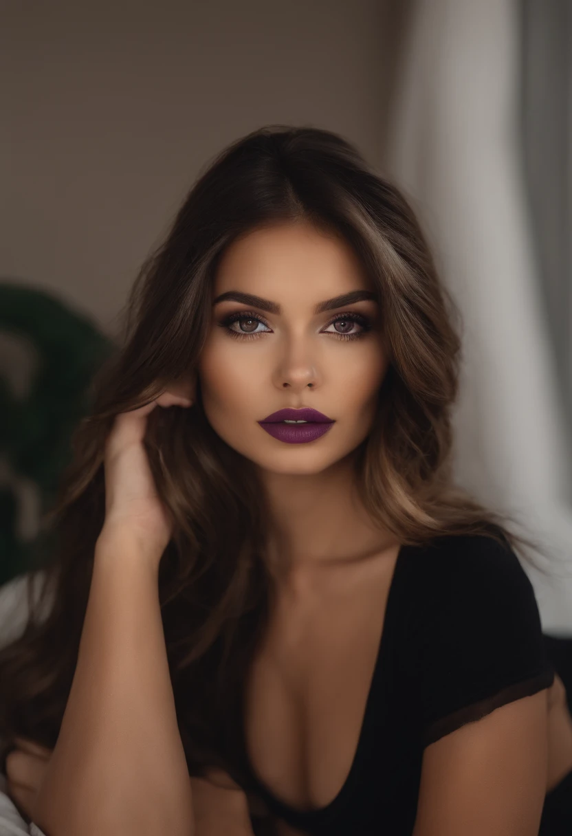 Femme latina avec des vêtements noirs, fille sexy aux yeux bruns, Portrait Sophie Mudd, cheveux bruns et grands yeux, Selfie d’une jeune femme, Yeux de chambre, Violet Myers, sans maquillage, maquillage naturel, Regarder directement la caméra, Visage avec Artgram, Maquillage subtil, Superbe photo du corps entier, dans la chambre, clivage