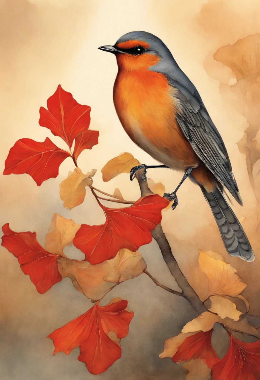 illustration of a bird, watercolour, red Robin, gingko, art noveau
