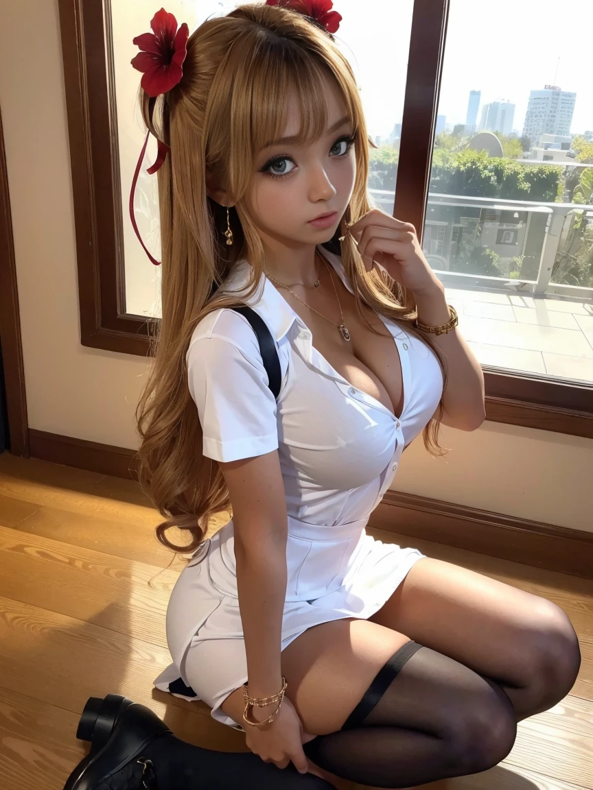 Photorealistic perfect body、Ultra-high image quality、Ultra-high realistic image quality、(Wearing a schoolgirl uniform:1.5)、(Wearing a uniform dress shirt that shows cleavage:1.4)、(Solo)、huge-breasted、(cleavage of the breast:1.3)、(Hibiscus hair ornament and twin-tailed hair:1.2)、Waist slender、overknee socks、Suede boots、a blond、Hair of medium length、japanes、(age face)、Gal style necklace、Gal style bracelet、Gal style earrings、fullllbody
