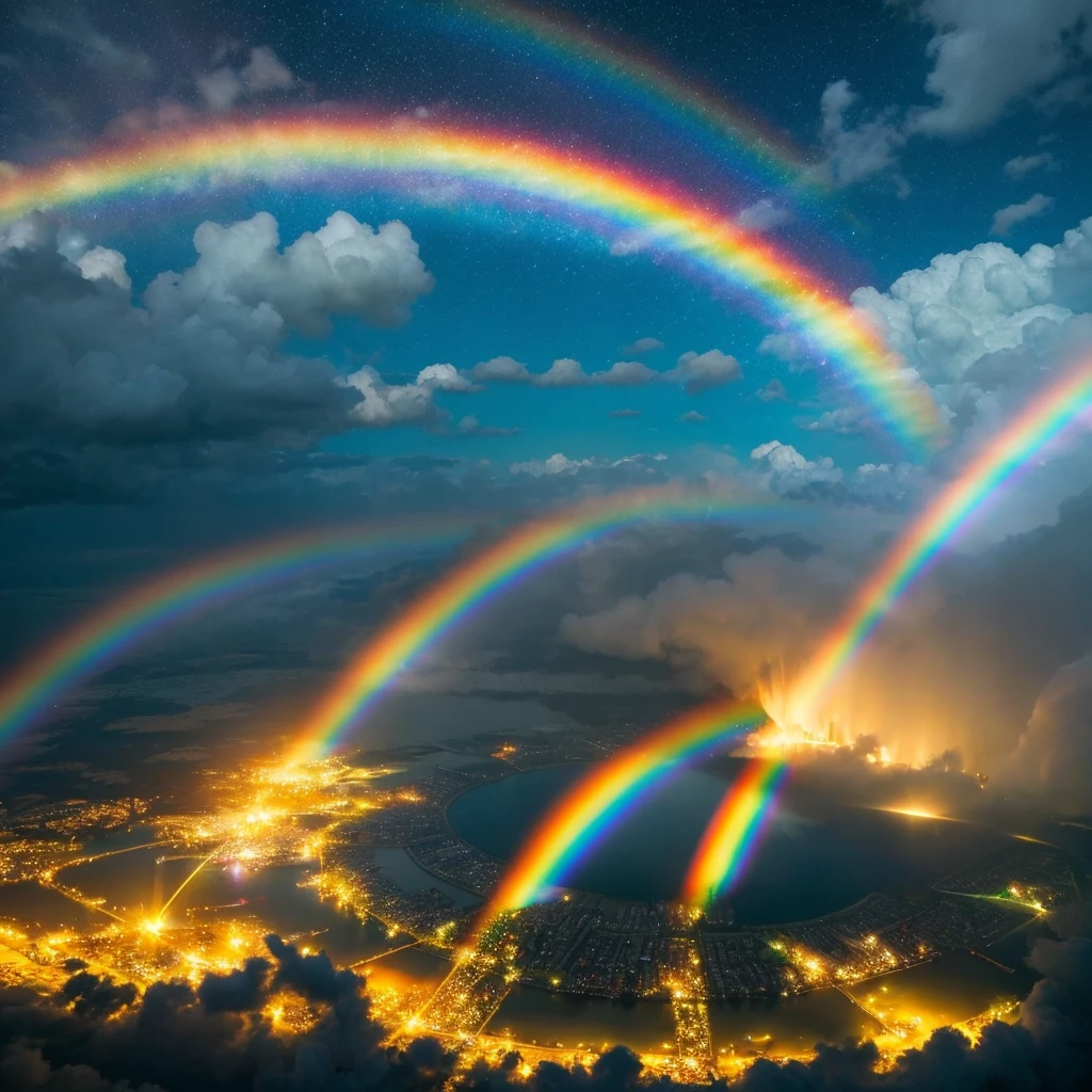 A torrent of light pouring down from the sky、Clouds that reflect a bright rainbow swirl around、The lake surface beautifully reflects the color of the sky