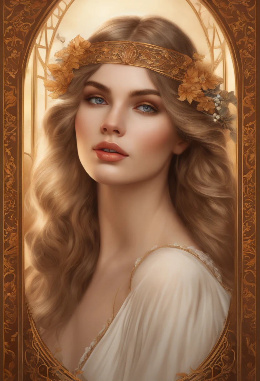 (best quality,4k,8k,highres,masterpiece:1.2),ultra-detailed,(realistic,photorealistic,photo-realistic:1.37),portraits,medium:illustration, sterling,Alfons Mucha style,beautiful detailed eyes,beautiful detailed lips,extremely detailed eyes and face,long eyelashes,stylized flowing hair,fine linework,vivid colors,ornate background,decorative elements,patterns and motifs,delicate and intricate patterns,golden accents,graceful female figure,art nouveau inspiration,mysterious atmosphere,soft and natural lighting,rich textures and materials,