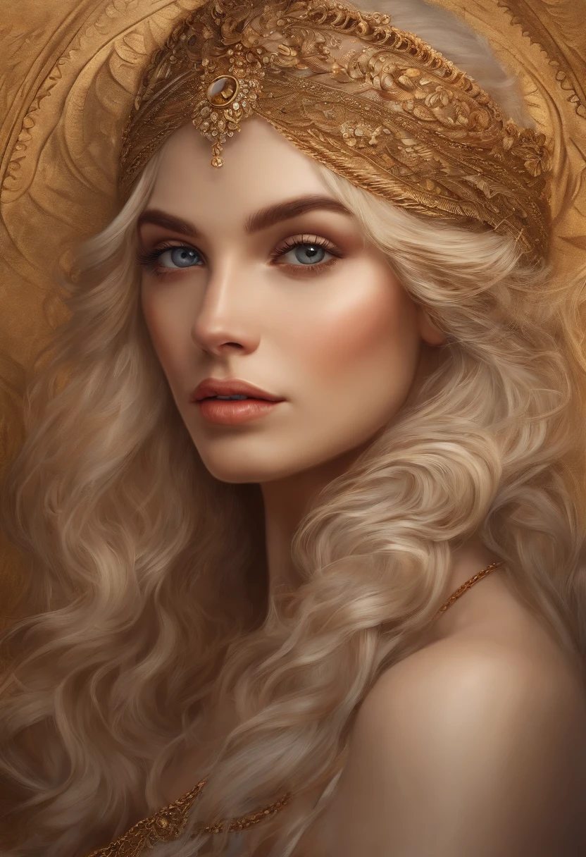 (best quality,4k,8k,highres,masterpiece:1.2),ultra-detailed,(realistic,photorealistic,photo-realistic:1.37),portraits,medium:illustration, sterling,Alfons Mucha style,beautiful detailed eyes,beautiful detailed lips,extremely detailed eyes and face,long eyelashes,stylized flowing hair,fine linework,vivid colors,ornate background,decorative elements,patterns and motifs,delicate and intricate patterns,golden accents,graceful female figure,art nouveau inspiration,mysterious atmosphere,soft and natural lighting,rich textures and materials,
