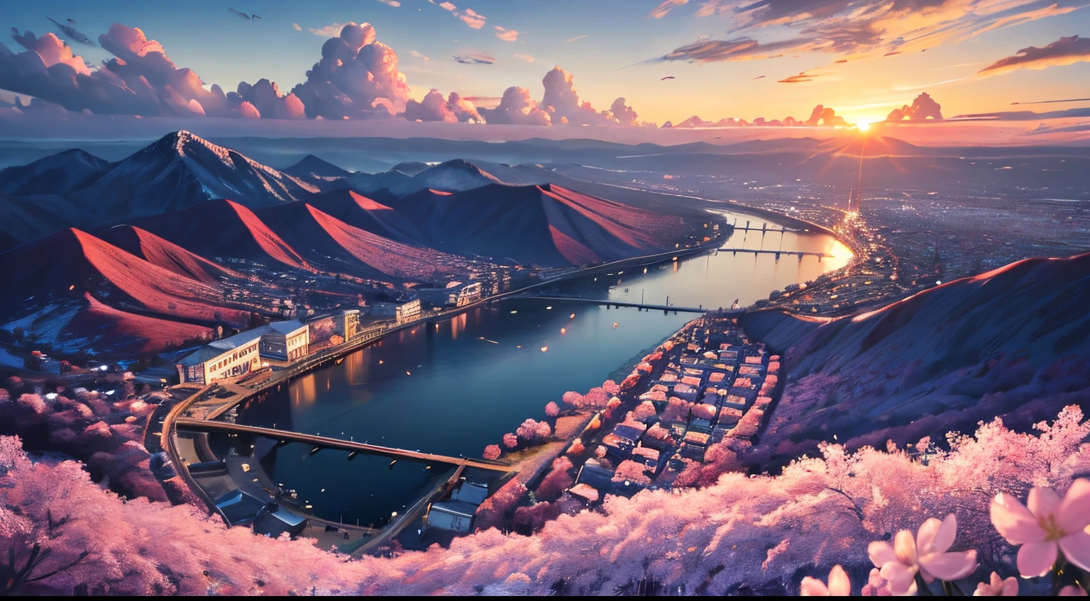 (masterpiece, best quality:1.2), ultra detailed, cinematic lighting, HDR, ilustration, landsape, sunrise, cherry blossom, impressive, chill, inspirational,