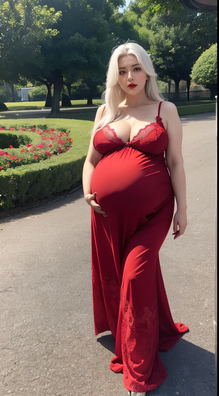 1 mothers, old lady , white hair, tied hair, red lips, red eyes,heavy breasts, big breasts, huge breasts , massive breasts , enormous breasts, juicy breasts, ((huge pregnant:1.2)), lace nightgown, narrow dress, take a walk in a park full of people enjoying recreation, become the center of attention,