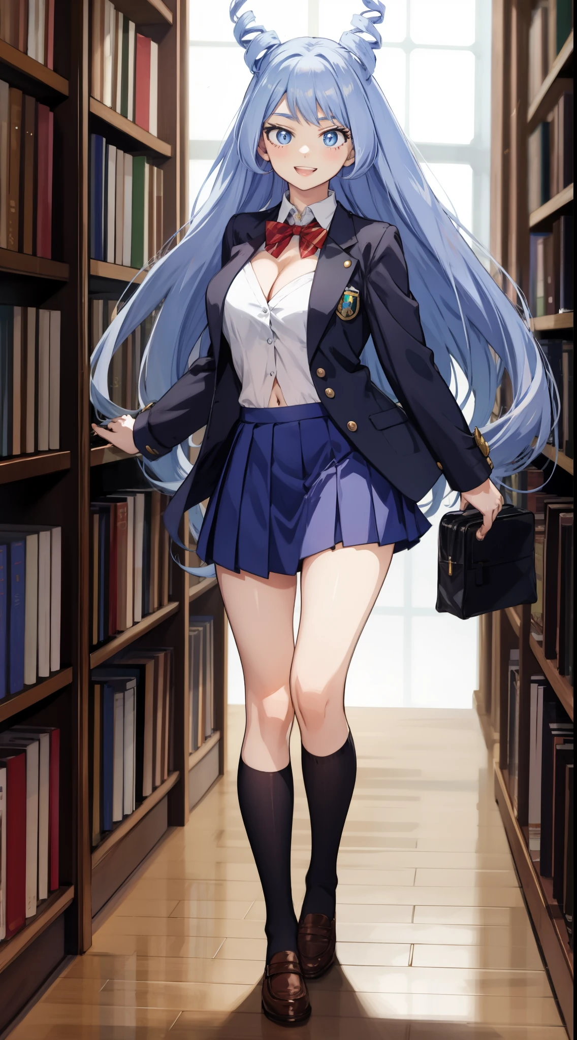 nejire hadou, long hair, medium breast, slim legs, happy, cleavage, short skirt, navel, blue eyes, school uniform, thigh high socks, stand, library, blue hair