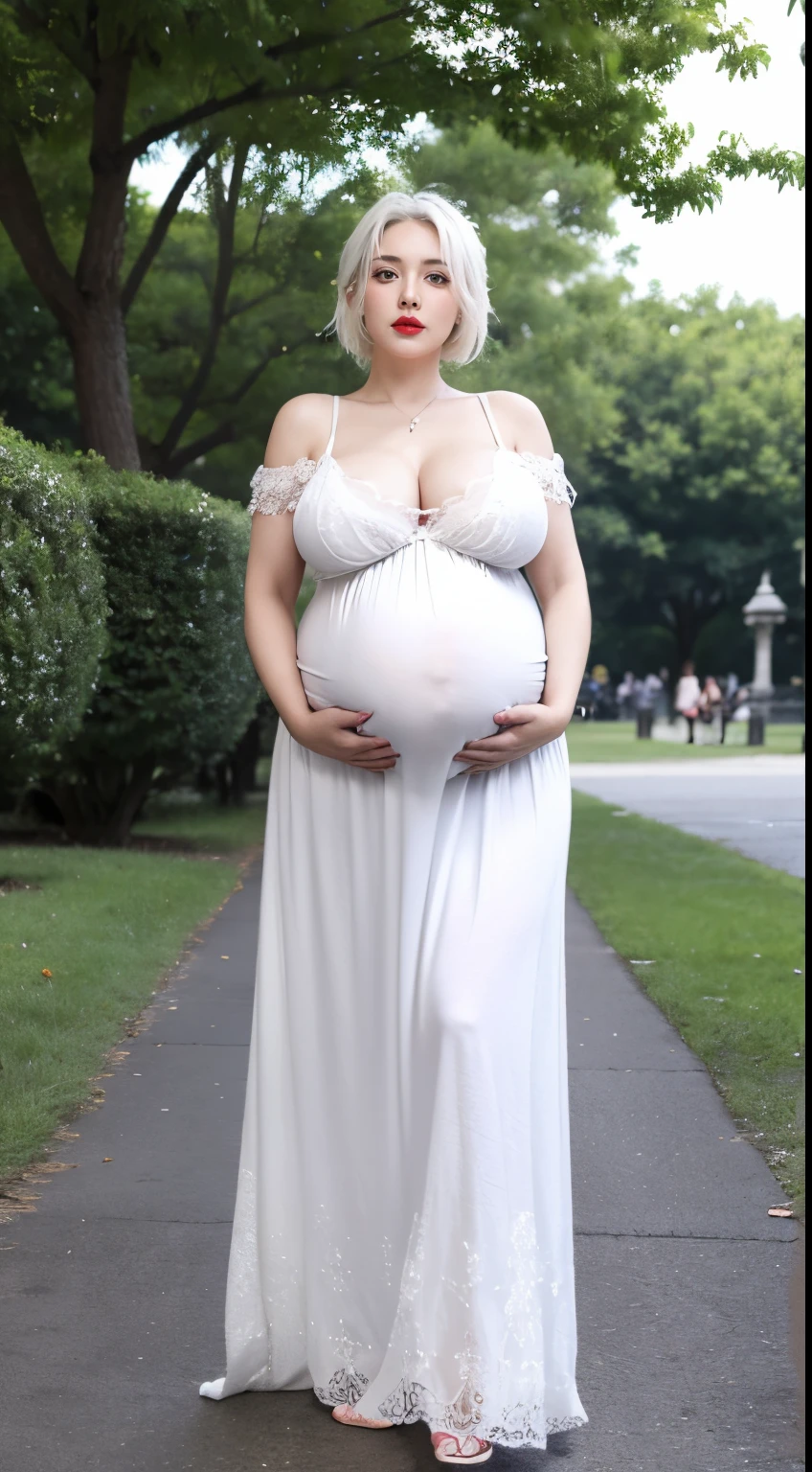 1 mothers, old lady , white hair, tied hair, red lips, red eyes,heavy breasts, big breasts, huge breasts , massive breasts , enormous breasts, juicy breasts, ((huge pregnant:1.2)), lace nightgown, narrow dress, take a walk in a park full of people enjoying recreation, become the center of attention,