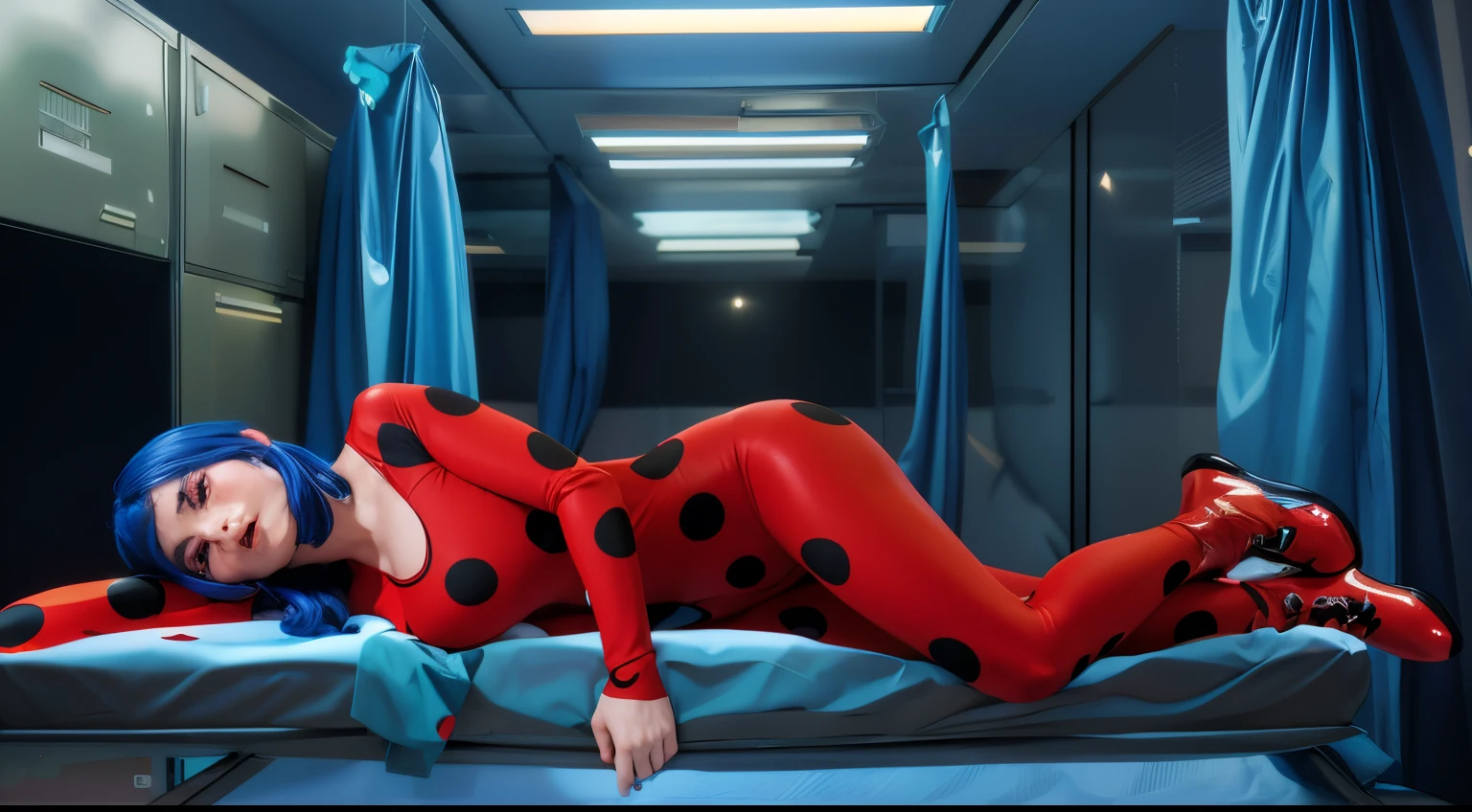 lady bug costumed woman laying on a bed in a room, portrait shot, miraculous ladybug, ladybug, full body close-up shot, miraculous, red body suit, ladybug as a monster, alternate angle, closeup shot, laying on a bed, bottom angle, polka dot, resting after a hard mission, side shot, red realistic 3 d render, rim light