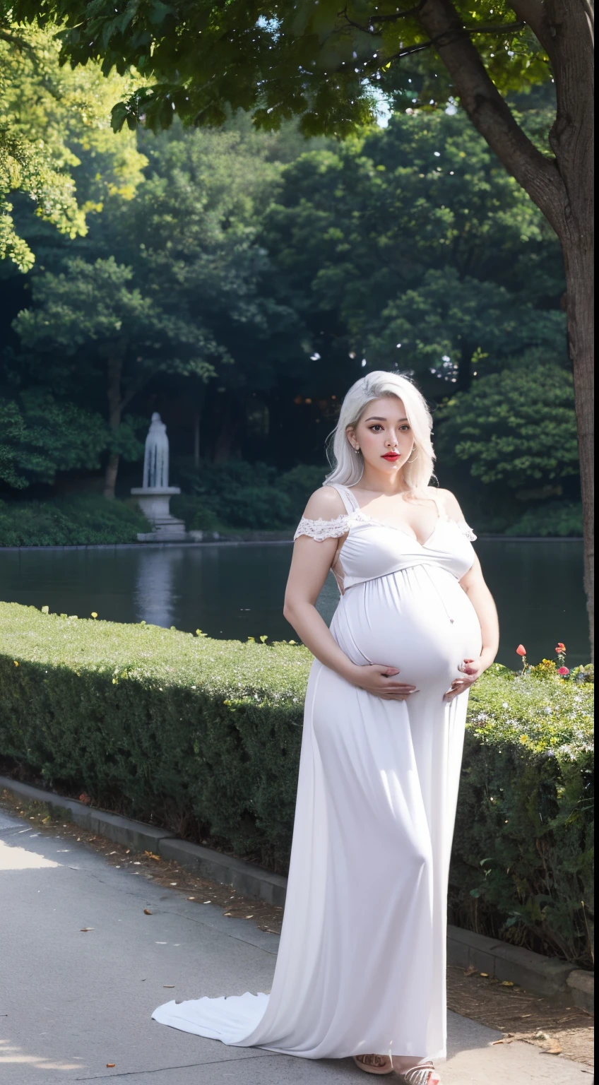 1 mothers, old lady , white hair, tied hair, red lips, red eyes,heavy breasts, big breasts, huge breasts , massive breasts , enormous breasts, juicy breasts, ((huge pregnant:1.2)), lace nightgown, narrow dress, take a walk in a park full of people enjoying recreation, become the center of attention,