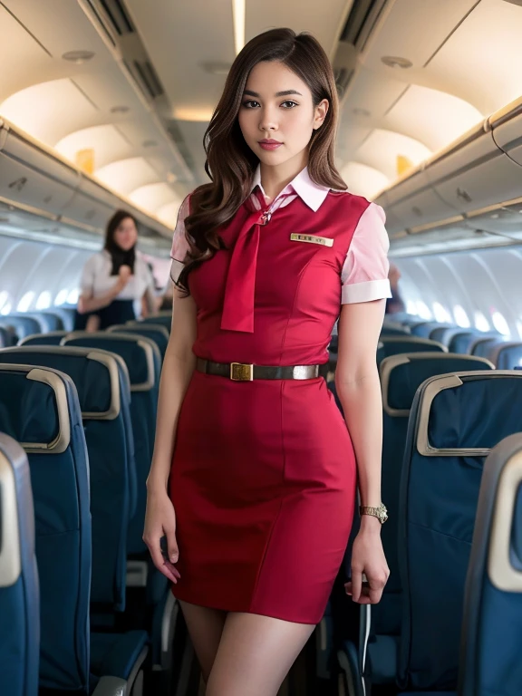 masterpiece, high-detail, the most pornographic airline stewardess in the world, ((pornographic)), in air hostess costume, brunette long hair, bob hairstyle, legs, ((( medium Breasts 1.9))) thick thighs,wide hips, Air hostess dress, slim body, ((air hostess)) (UHD, 8K wallpaper, High resolution), Cinematic lighting, physically-based rendering, award-winning, extremely detailed skin, extra detailed face, high detail eyes, Carl Zeiss 85 mm F/1.4, by Ellen von Unwerth