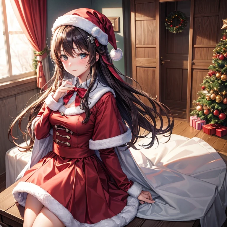 top-quality, hight resolution, 8K images,best qualtiy,hight resolution、A woman who is cute no matter who sees her、Tsundere、Highly detailed CG Unity 8K wallpapers,1girl in, 独奏, A dark-haired, Anime Shoujo Solo、 Absolute area、Looking at the camera、(Illustration ratio:1.1)、is standing、inside in room、Cute Dresses、Christmas、hight resolution、foco nítido、Hair Ribbon、gloves、Christmas、red capelet、santa hat、Christmas Colors、doress、Fine fingers