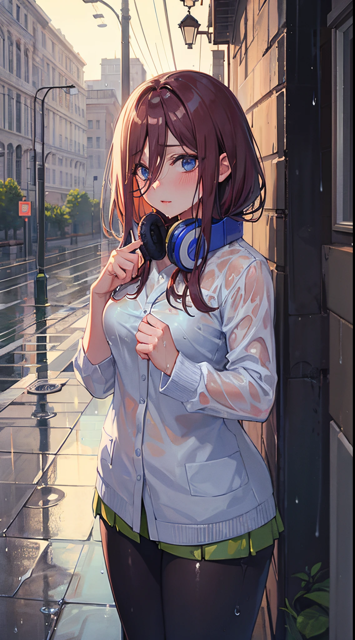 Woman in short clothes in the rain, (Wet woman), Water dripping on the body, a street, urban envrionment.