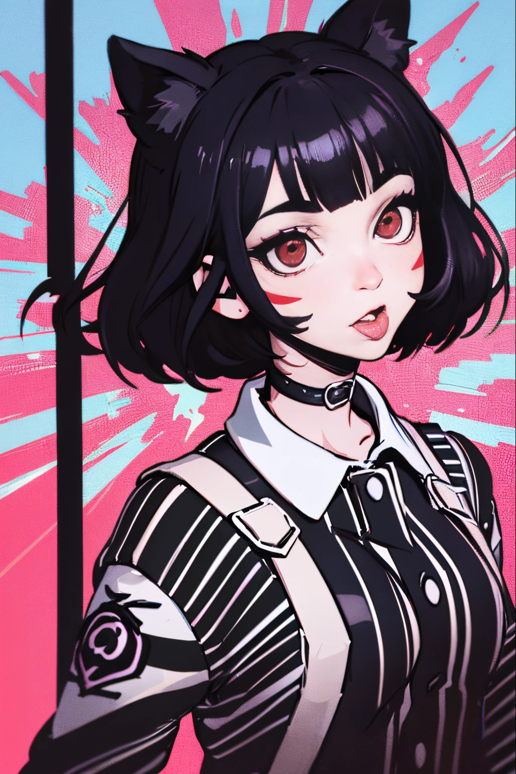 araffe girl with black and white striped shirt sticking out her tongue, she has black hair with bangs, goth girl aesthetic, y 2 k cutecore clowncore, very very low quality picture, 1 7 -  - old h girl, “uwu the prismatic person, she has a cute expressive face, ((red)) baggy eyes