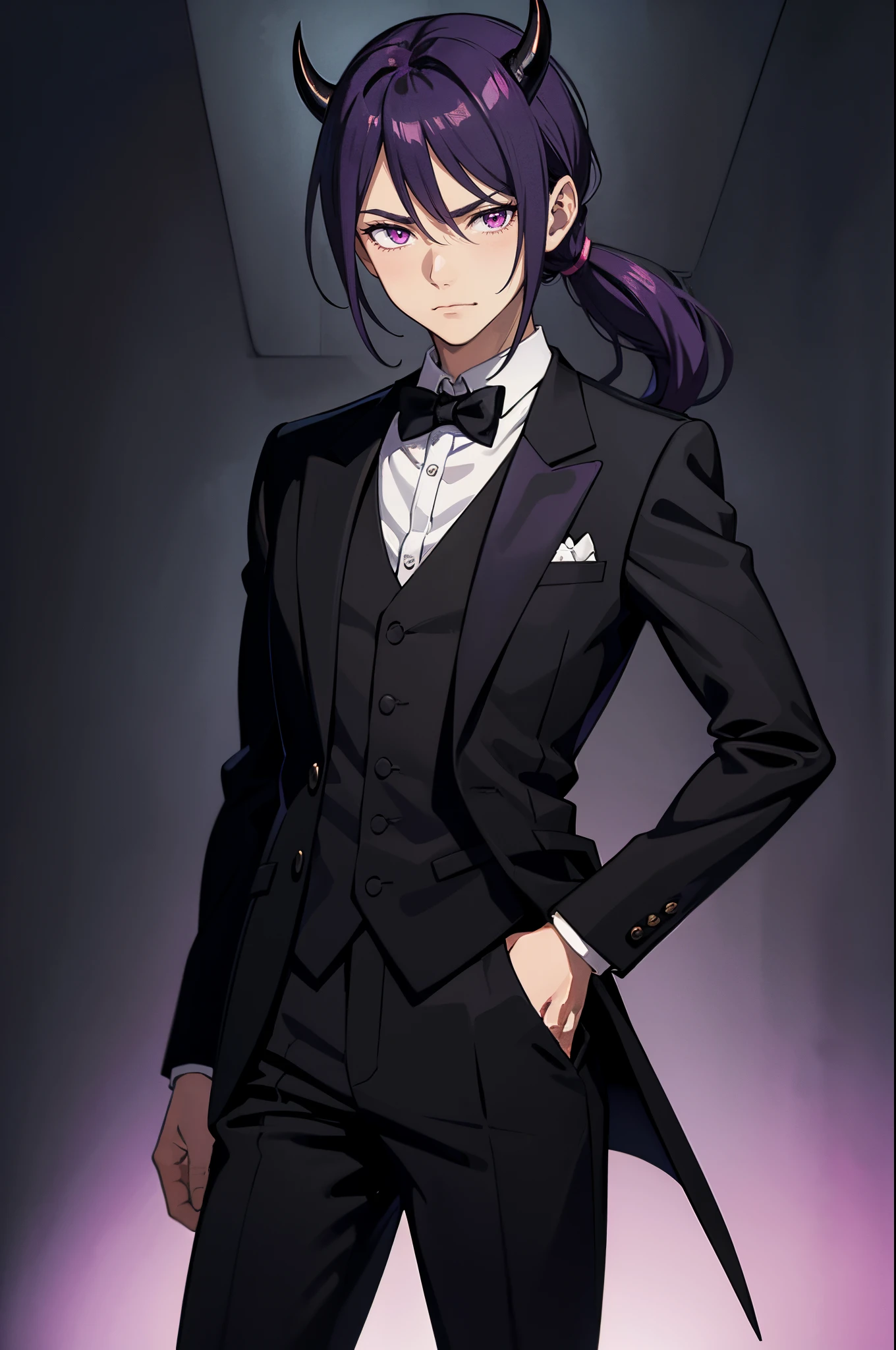 masterpiece,best quality, solo, 1 boy, adult male figure, black ouji clothes, cowboy shot, ouji fashion, black ouji style clothes, black suit pants, black ouji style uniform, black butler style clothes, butler tailcoat, Fairy Tail anime style, butler black  uniform, demon horns, light purple eyecolor, sharp eyes, narrowed eyes, demon, shoulder length hair, dark purple hair, purple hair, low ponytail, frowning face, butler uniform, black tailcoat, black suit pants, white shirt underneath, thick demon horns, pink eyes, white background, bowtie, putple rose, hot pink eyes