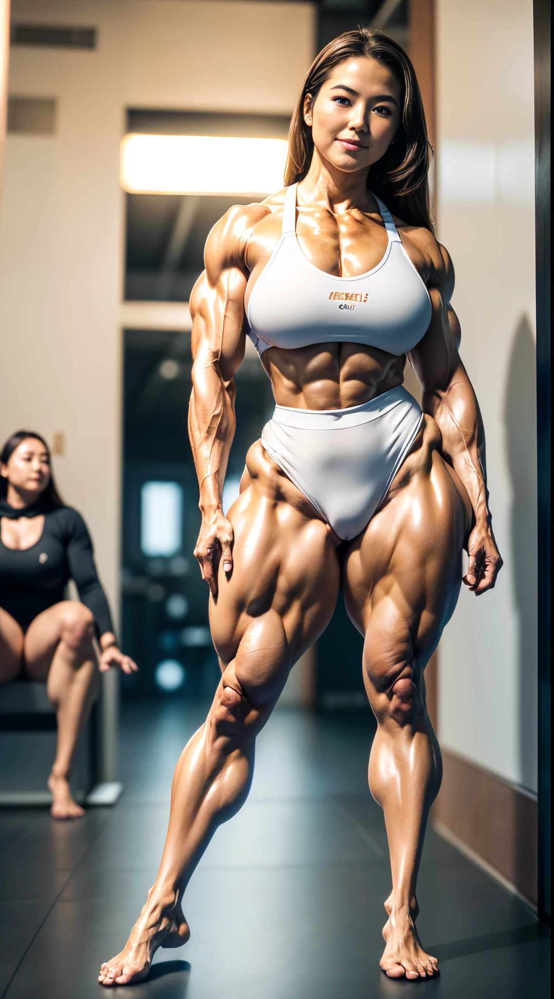 (Best Quality,8K,nffsw:1.2),(Full body shot),1人、(tall:1.89 ,thick and long legs,:2.5),(cute Japanese girls)、(Crystal clear fair skin:1.4),Wide buttock:1.6,((Muscular thighs like a bodybuilder:1.68、thick thighs:1.76)),((The thinnest waist:1.6)),Niō Standing,Stand with your legs open,Sports Bra:1.4,athletic field