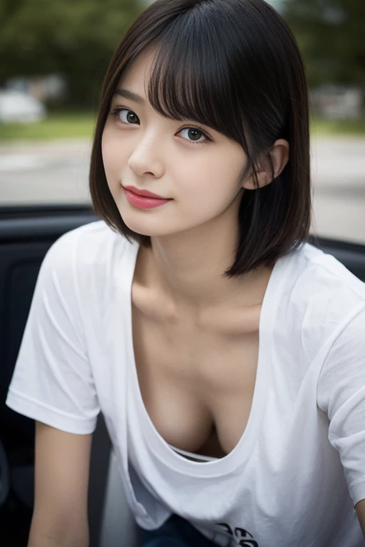 downbrouse、No bangs:1.10、straight flat chest:1.20, (leaning-forward:1.3)、(oversize tshirt、Loose-fitting T-shirt、Low Cut T-Shirt:1.5)、bra very.10, Pink areola is visible:1.20,  A Cup:1.20, Erotic, (top-quality、8K、32K、​masterpiece)、japanes、、Very pretty girl、a beauty girl、crouching down、Bright smile、outside of house、shinny skin、blurry backround、short-cut:1.10、Ear hooks:1.20, A dark-haired:1.10, Upper body close-up、Shot from above　Kiss Face,sad Facial expression,embarassed expression,Alafed Girl, chiho, iwakura lain, closeup Iwakura Lain, With short hair, Shiori Teshirogi, Kotegawa Yui, hime-cut, She is 17 yeaishida with black hair, lain iwakura, girl cute-fine-face, Clear pubic contours,(Small breasts), hight resolution, ighly detailed, top-quality, [​masterpiece:1.6],, ighly detailed, nffsw, finely detail, top-quality, , Cinematographic lighting, 1girl in、17 age、Cute Japan perfect body type、, Cute droopy eyes、Beautiful big eyes、ultra-detailliert、hight resolution、Transcendent beauty　top-quality、​masterpiece、majicMIX Real、(Raw photography:1.2)、(Photorealsitic:1.4)、Train、inside of a car、seating、Strap、Kamimei