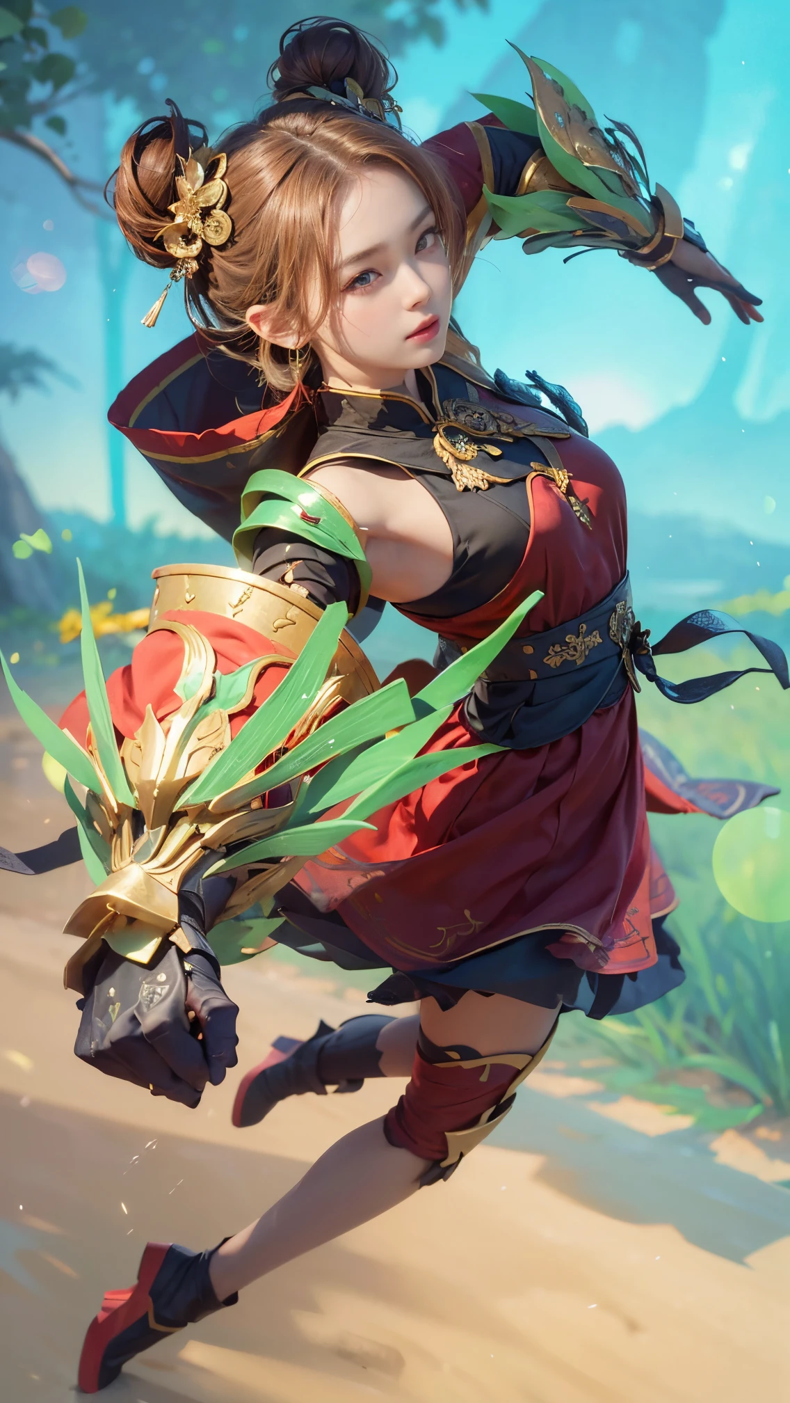 best quality, masterpiece, highres, 1girl,china dress,hair ornament, twin bun, ( hand armor) ,Beautiful face,upon_body, tyndall effect,photorealistic, dark studio, rim lighting, two tone lighting,(high detailed skin:1.2), 8k uhd, dslr, soft lighting,Photograph, high resolution, 4k, 8k, Bokeh