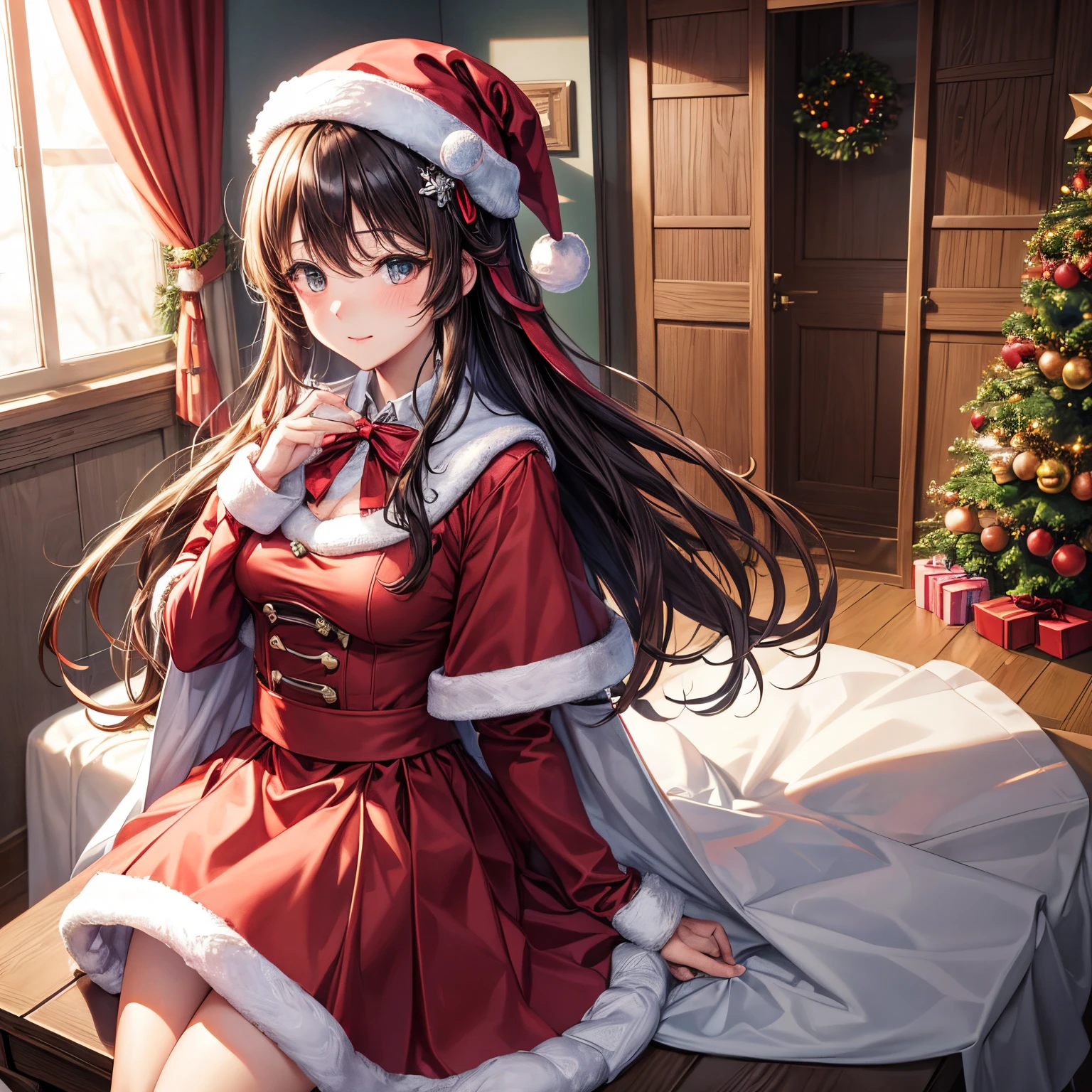 top-quality, hight resolution, 8K images,best qualtiy,hight resolution、A woman who is cute no matter who sees her、Tsundere、Highly detailed CG Unity 8K wallpapers,1girl in, 独奏, A dark-haired, Anime Shoujo Solo、 Absolute area、Looking at the camera、(Illustration ratio:1.1)、is standing、inside in room、Cute Dresses、Christmas、hight resolution、foco nítido、Hair Ribbon、gloves、Christmas、red capelet、santa hat、Christmas Colors、doress、Fine fingers