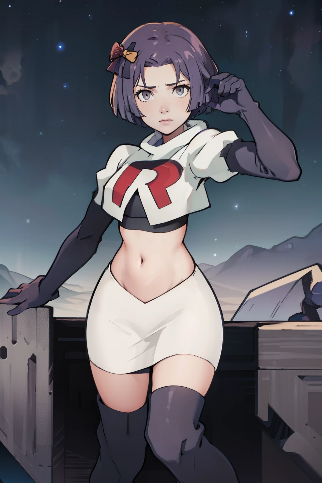 warBernie, hair bow, grey eyes, purple hair, team rocket uniform, red letter R, white skirt,white crop top,black thigh-high boots, black elbow gloves, looking at viewer, cowboy shot, sexy pose , night sky background