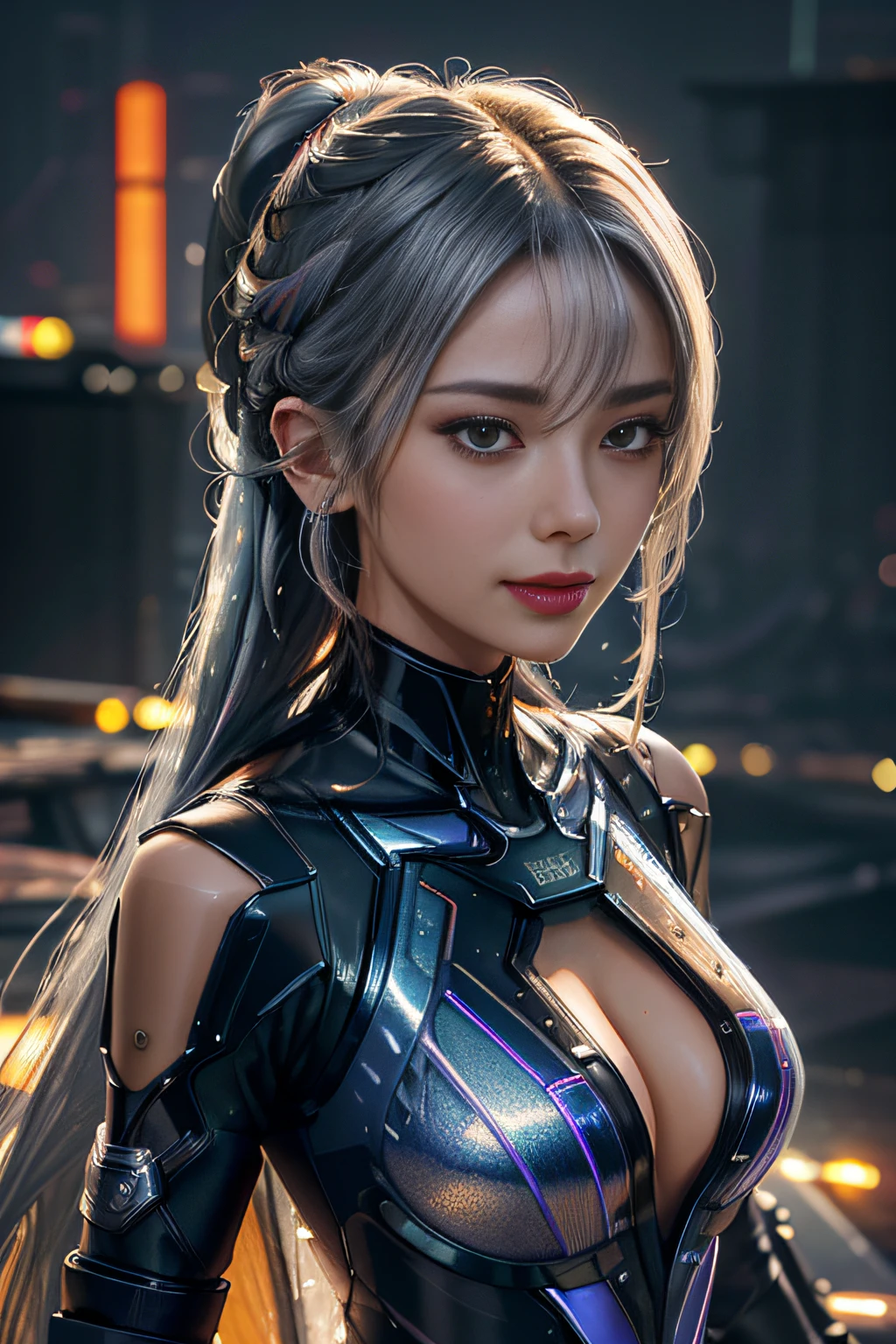 Cyber City at Night,(Gorgeous night view illumination:1.3),(Stand on the roof of a building:1.3)The actress is a very beautiful Western adult woman...(Sexy super shiny orange transparent holographic mechanical cyberpunk suit:1.3) ,(Mechanical suit that shines with brightly colored LEDs:1.3),Surrounded by a network of wires. Surrounded by a web of circuits.Sexy face, a necklace,piercings, Happy smile.Sexy Pose, (Silver hair、Ponytail twisted buns adorned with elaborate braids and beads,Braided Setup Fishbone Hair,),(Bangs are see-through bangs),(hair pin、poneyTail、Floating hair、),breast slip,(Emphasis on large breasts:1.3),profetional lighting,Cinematic Light,(masutepiece,top-quality,Ultra-high resolution output image,) ,(The 8k quality,),(Sea Art 2 Mode:1.3),,(Image Mode Ultra HD,)