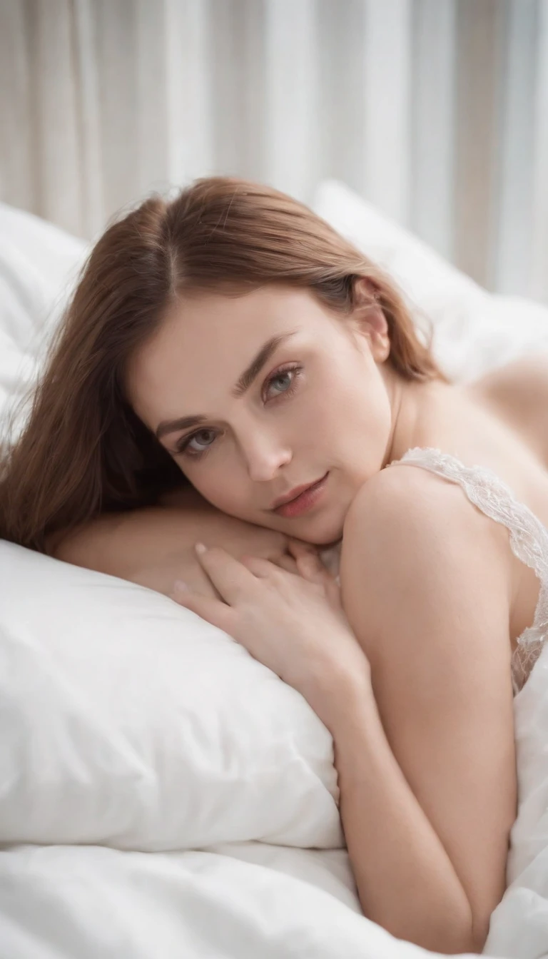 a photo of a beautiful 20 years old Russian girl on the bed, seductive smile, cinematic light, (sharp focus), (realistic matte skin, realistic texture skin, realistic eyes), (skin texture visible:1.5), (high quality), Fujifilm XT3